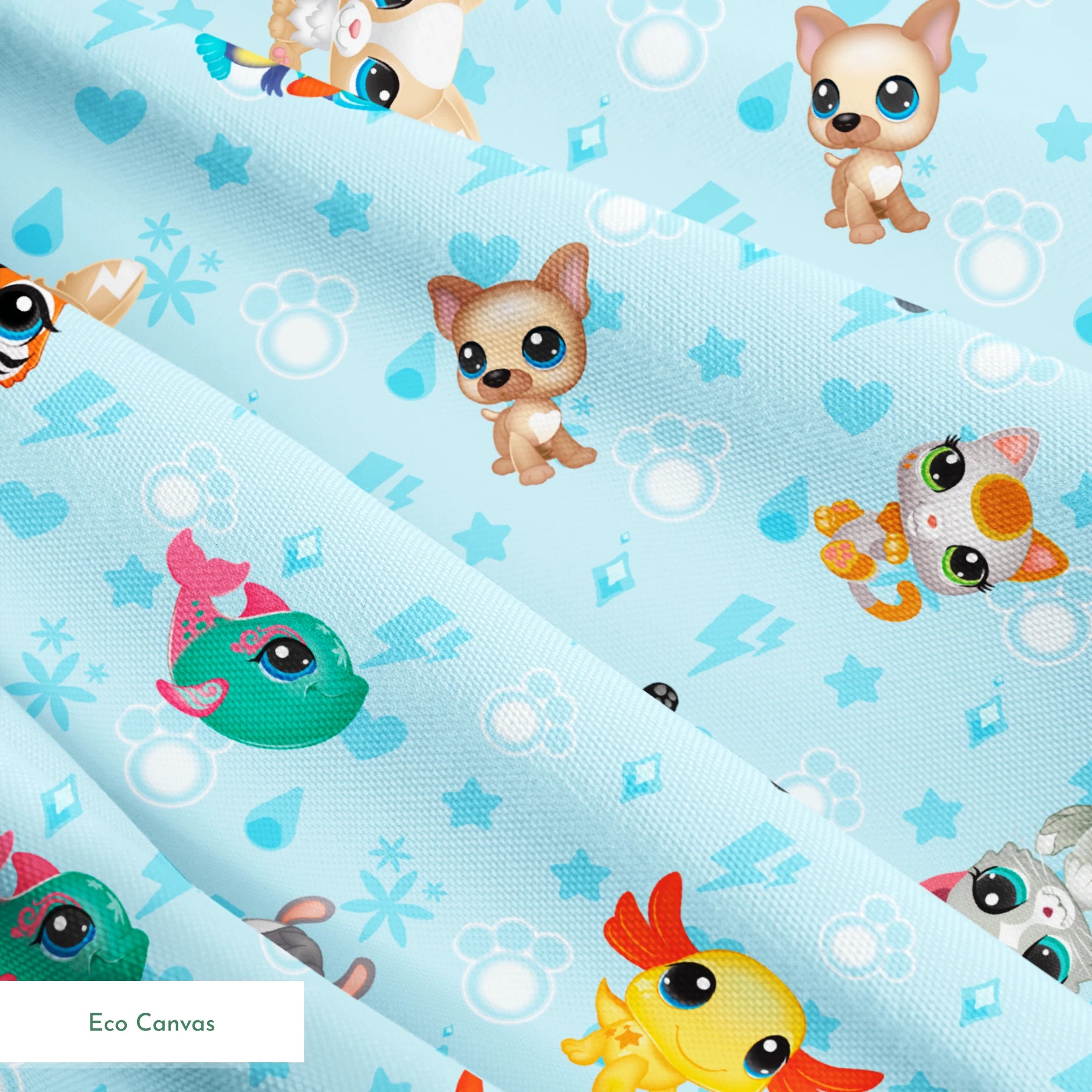 Hasbro Littliest Pet Shop Character Collage on Blue Fabric