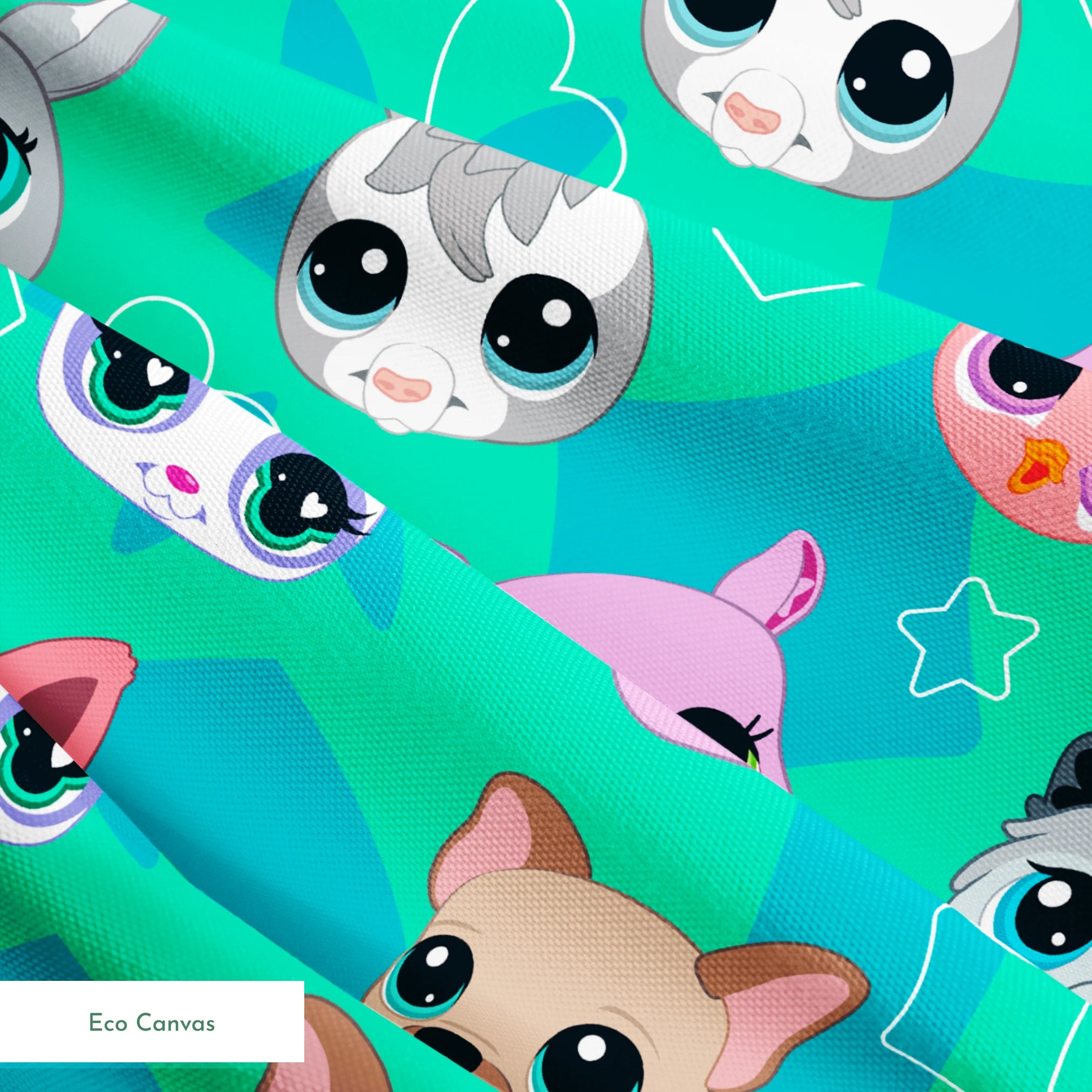 Hasbro Littliest Pet Shop Cute Faces Toss on Seafoam Green Fabric