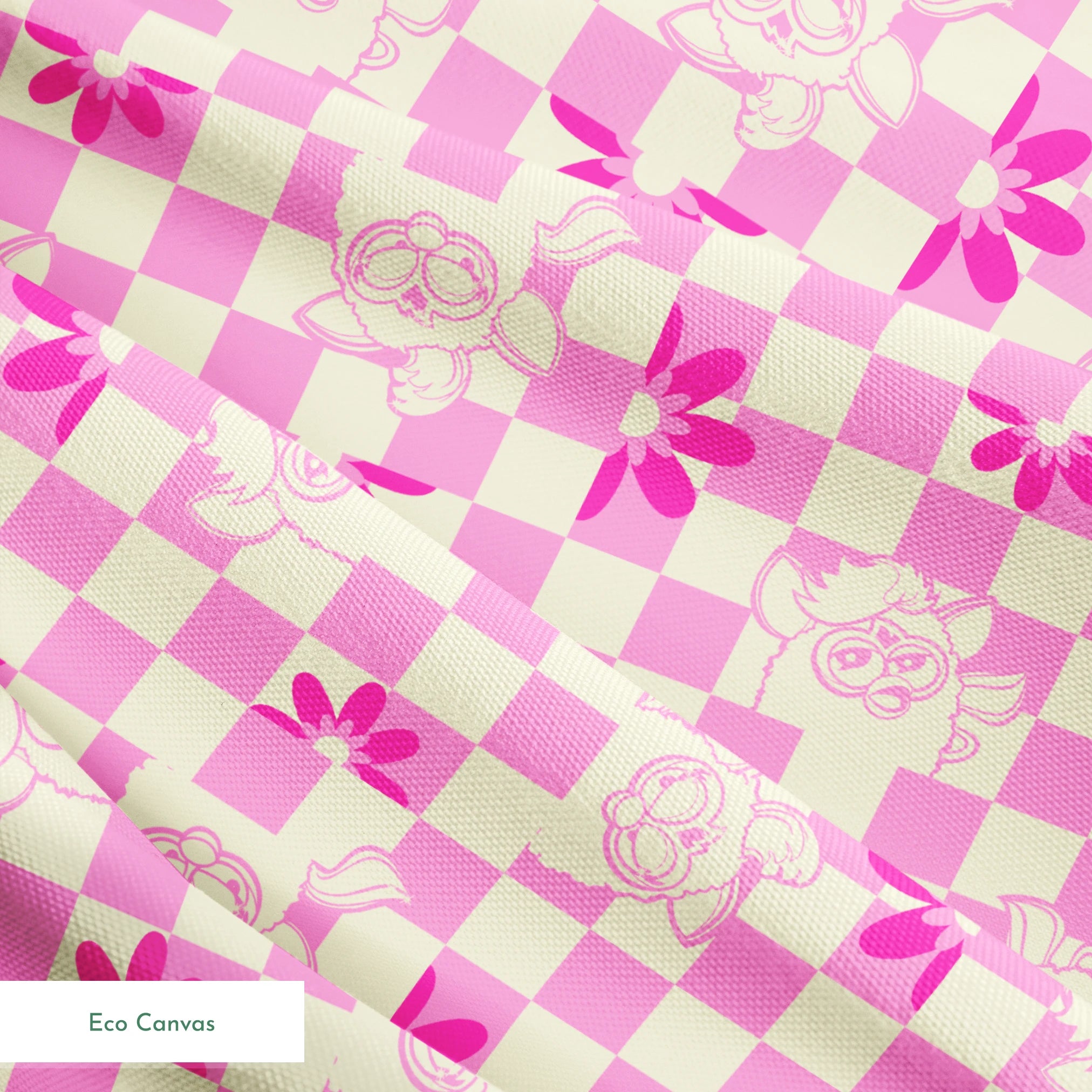 Hasbro Furby Checkered Flowers on Pink Fabric