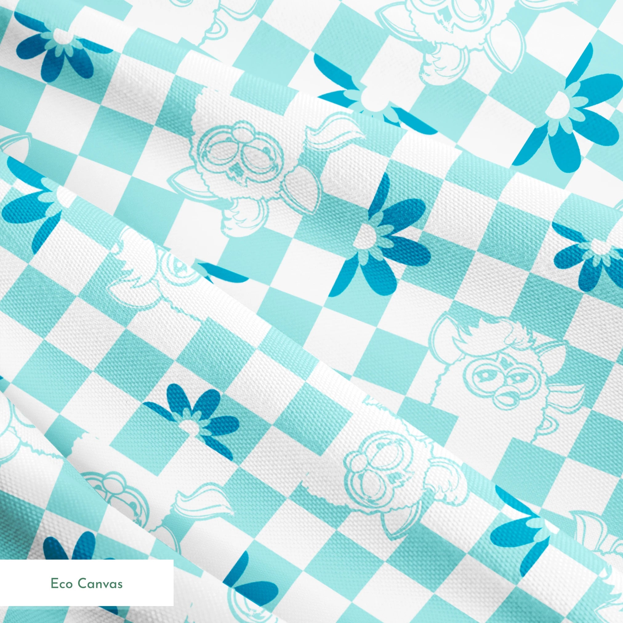 Hasbro Furby Checkered Flowers on Blue Fabric