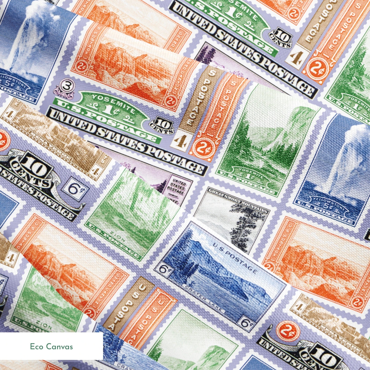 USPS National Park Stamps on Purple Fabric