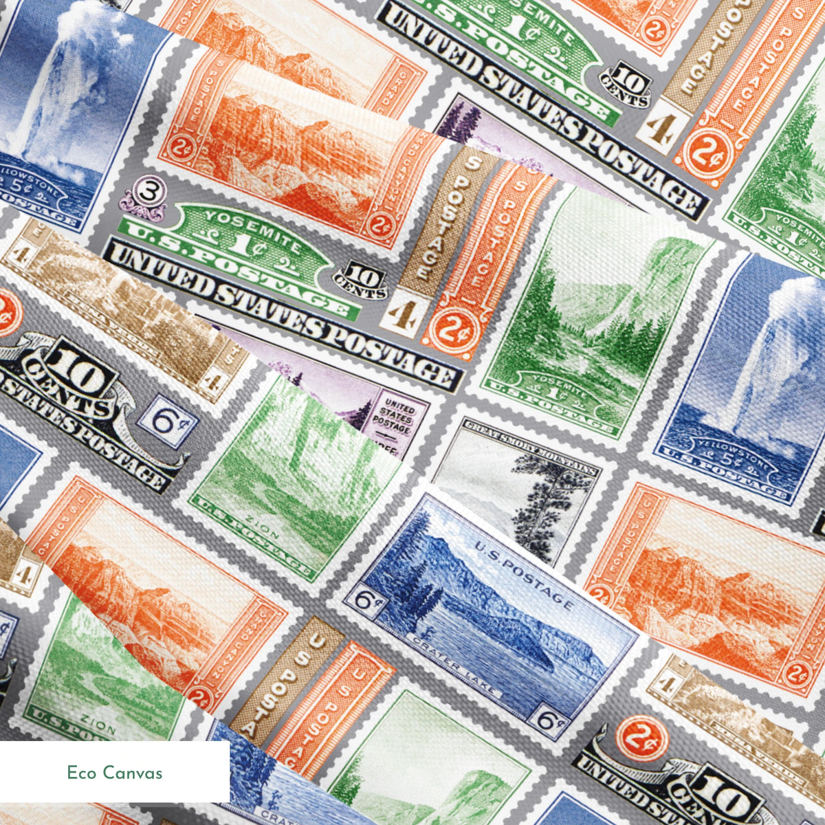 USPS National Park Stamps on Gray Fabric
