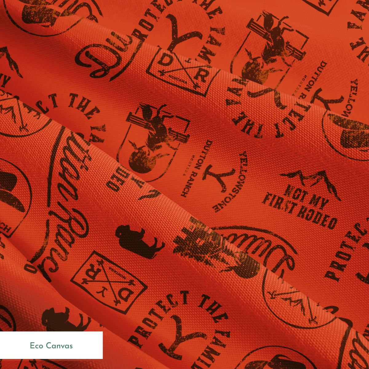 Paramount Yellowstone Dutton Ranch Icons on Rust Fabric