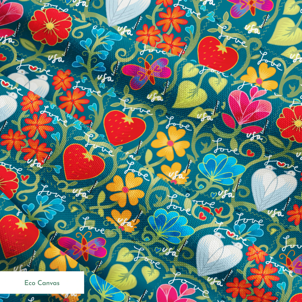 USPS Love Floral Stamps on Teal Fabric