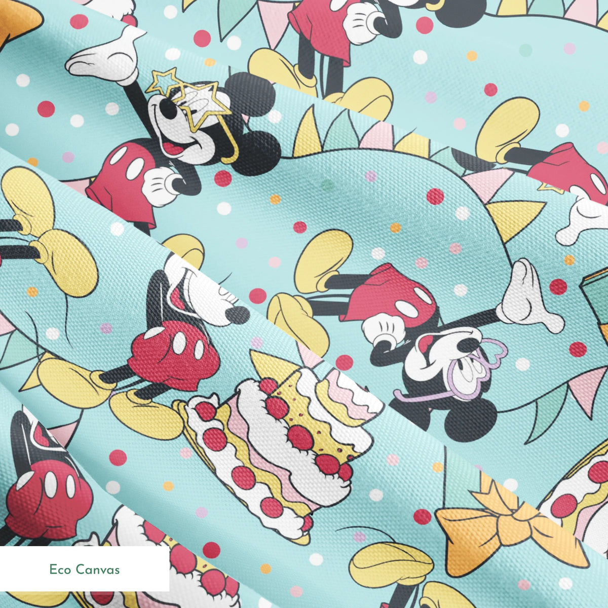 Mickey Mouse celebrating with cakes, presents, and colorful party decorations on light blue background.