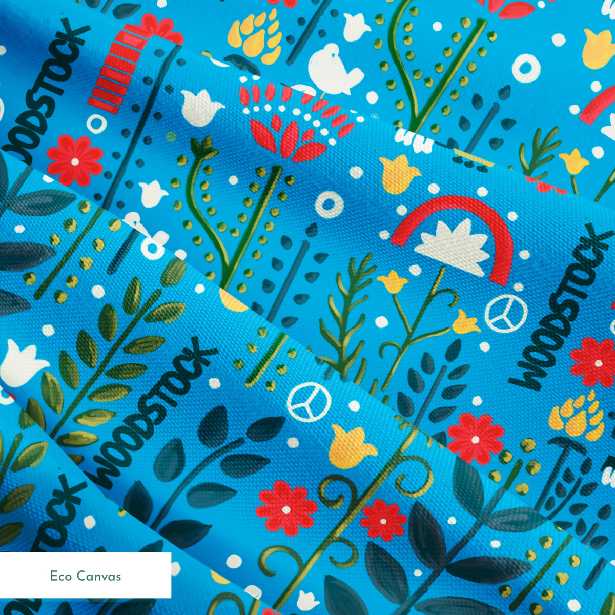 Woodstock Retro Greenery on Blue Fabric