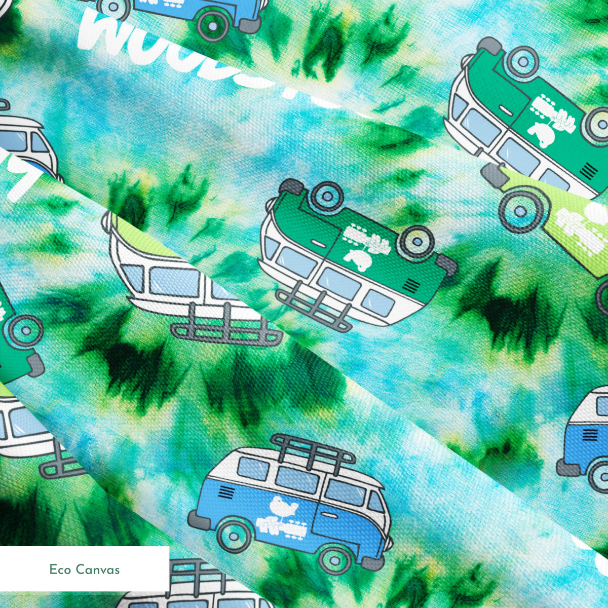 Woodstock Tie-dye Van on Green Fabric
