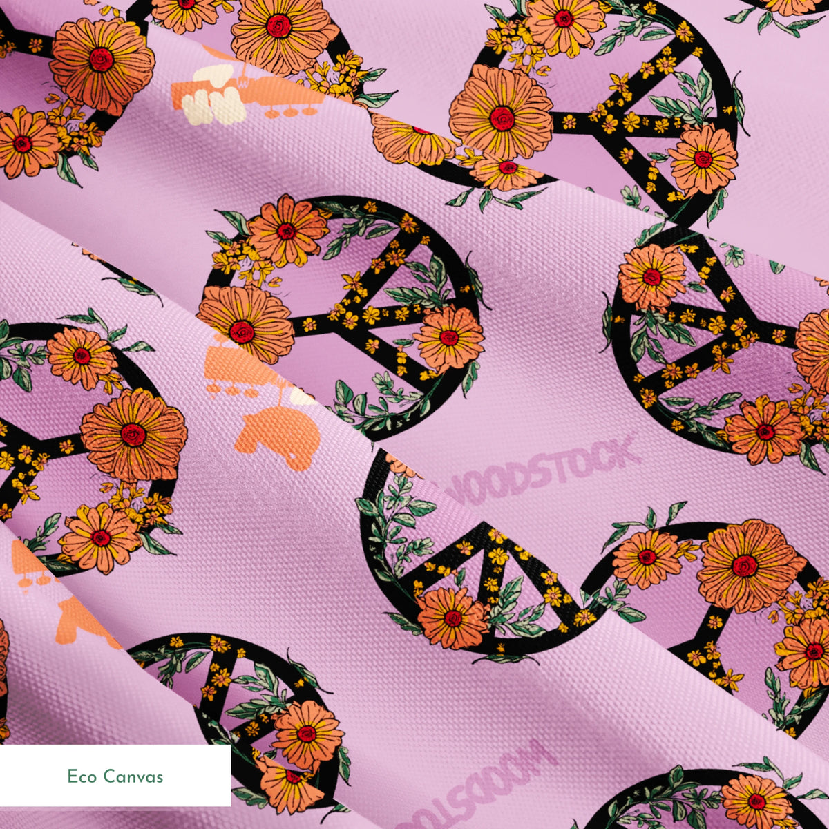 Woodstock Floral Peace Signs on Lavender Fabric
