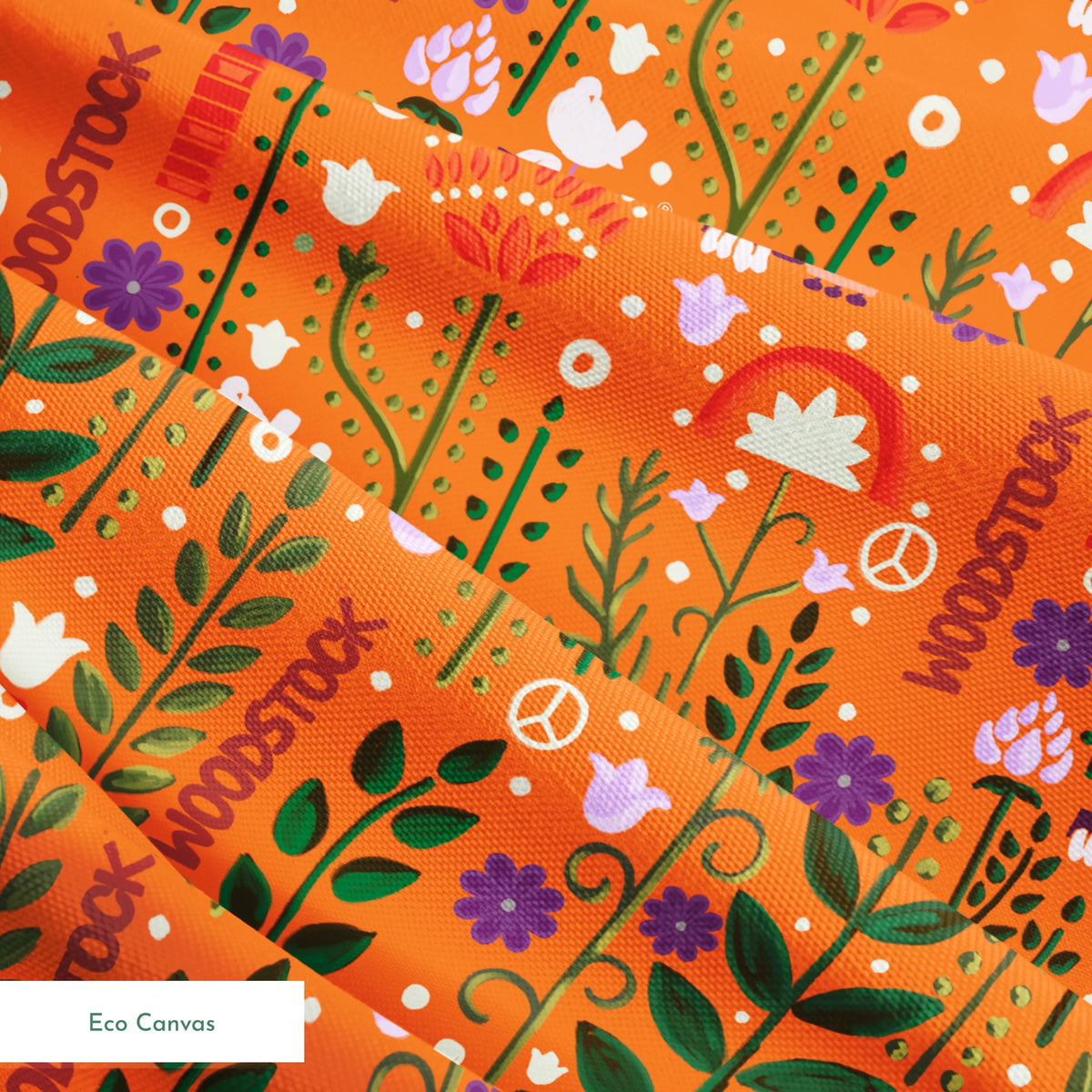 Woodstock Retro Greenery on Orange Fabric