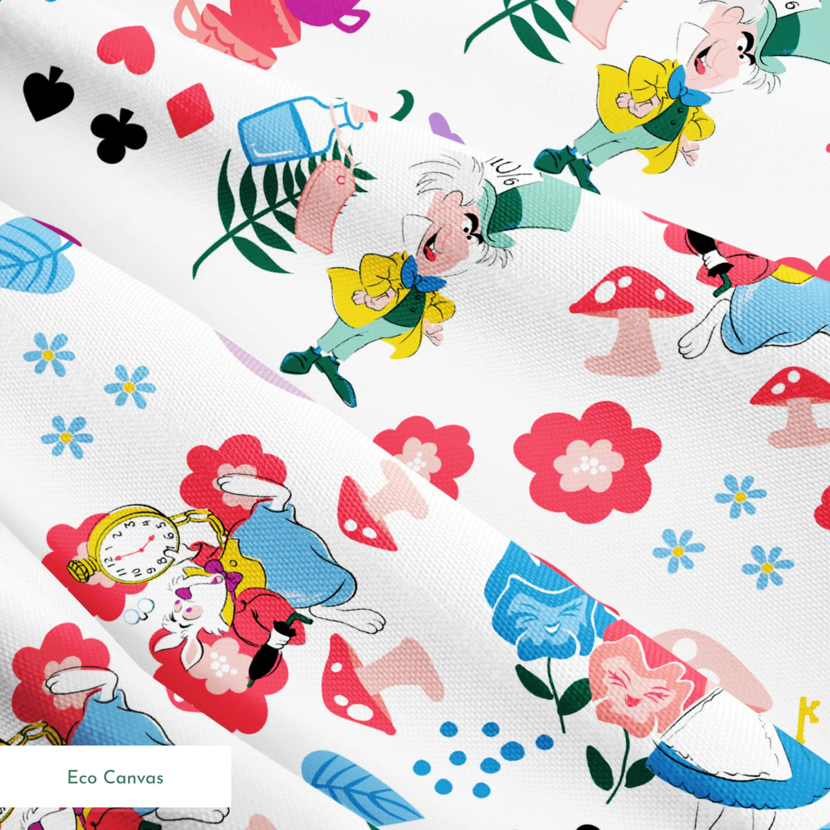 Disney Alice in Wonderland Wandering in Wonderland on White Fabric