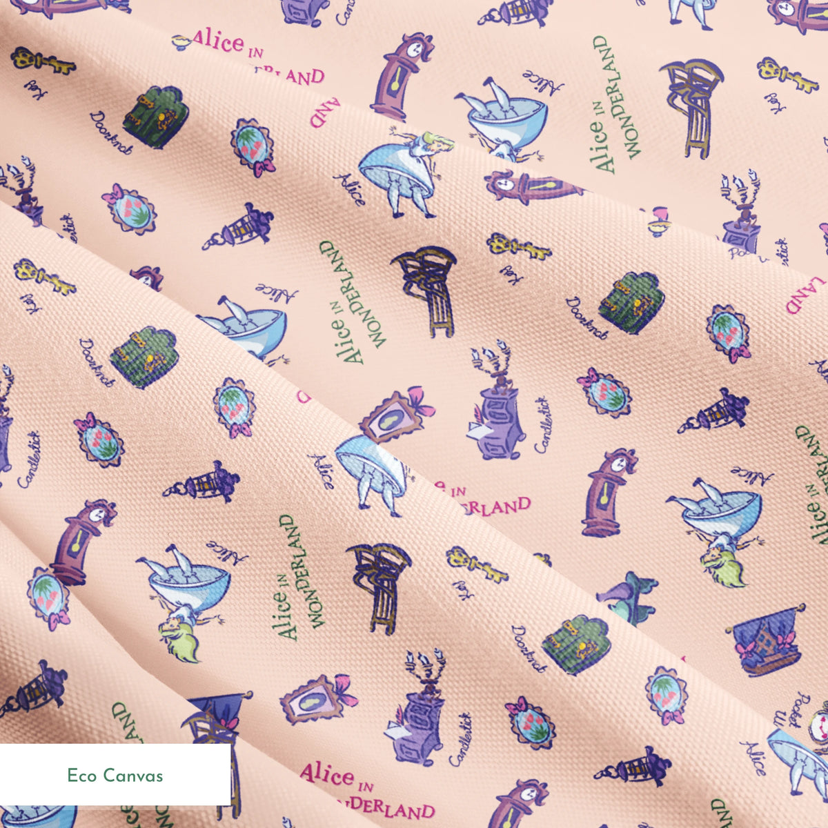 Disney Alice in Wonderland Down the Rabbit Hole on Pink Fabric