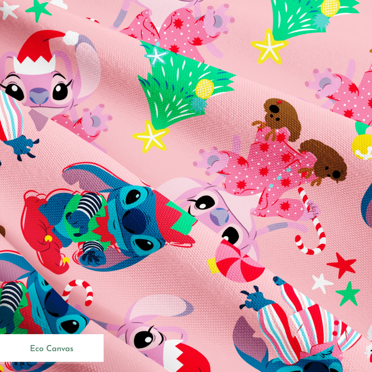 Disney's Stitch in Christmas outfits with trees and decorations on pink background