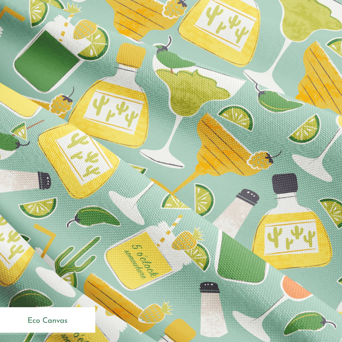Colorful Margaritaville cocktail pattern with drinks, bottles, glasses, and lime slices on teal background