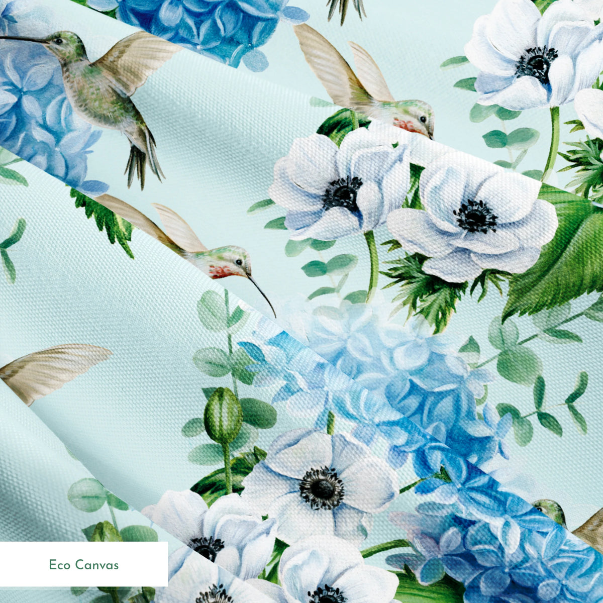 Danielle Murray Hydrangeas and Hummingbirds on Blue Fabric