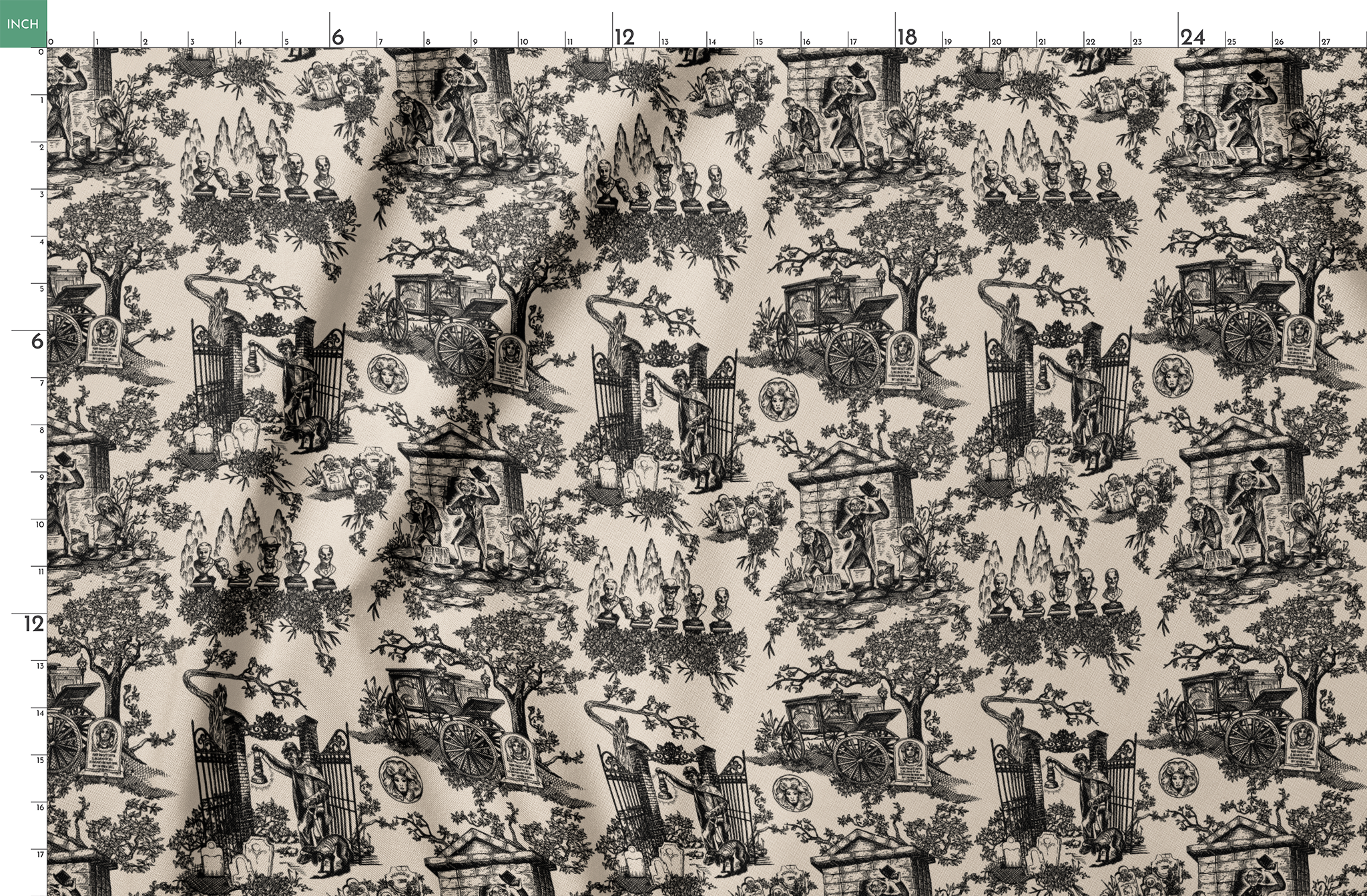Black and white toile pattern with garden scenes, architectural elements, and decorative figures in a classical style springs fatquarter mockup