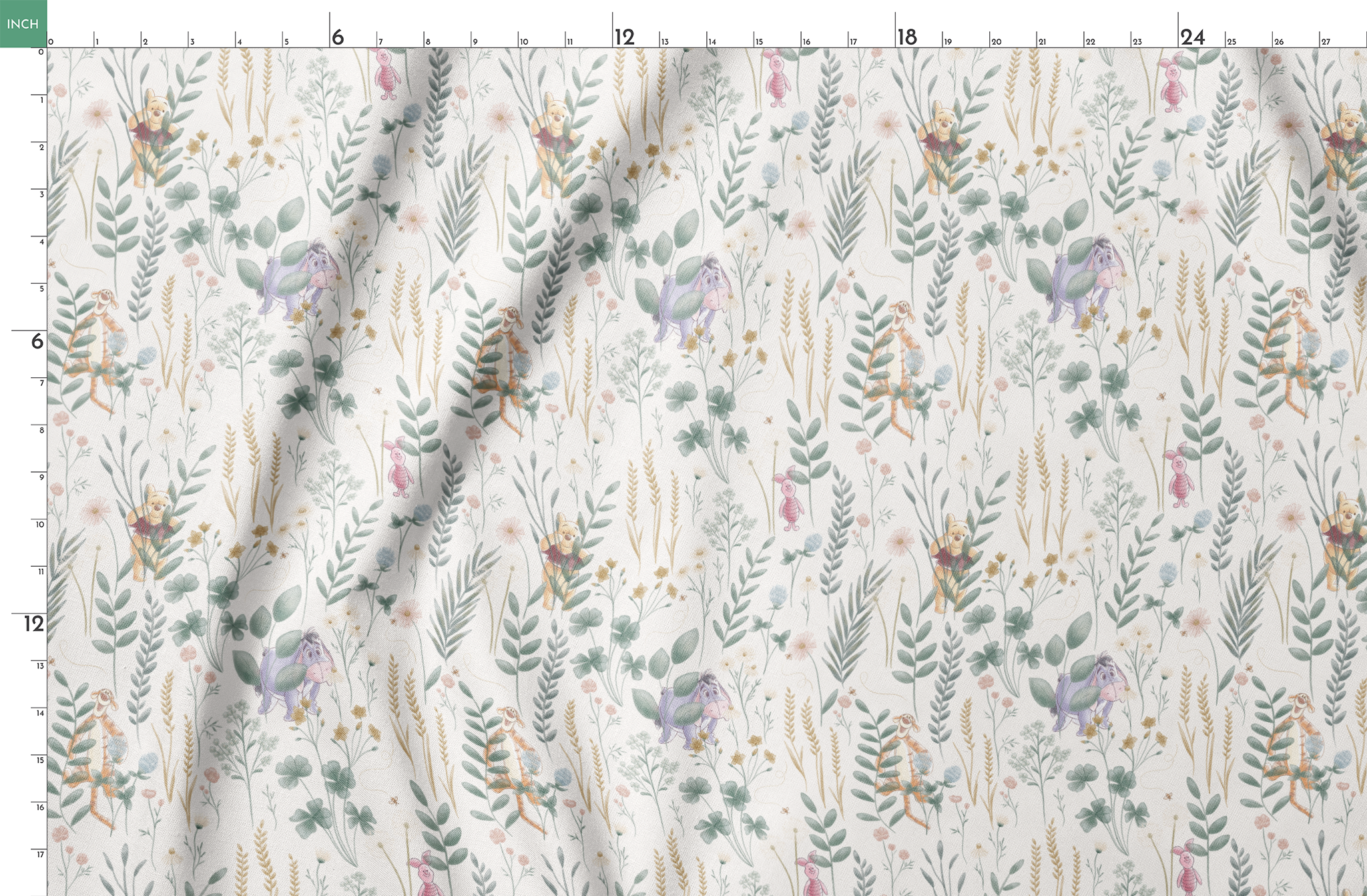 Whimsical botanical pattern with colorful teddy bears and creatures among green plants and flowers springs fatquarter mockup