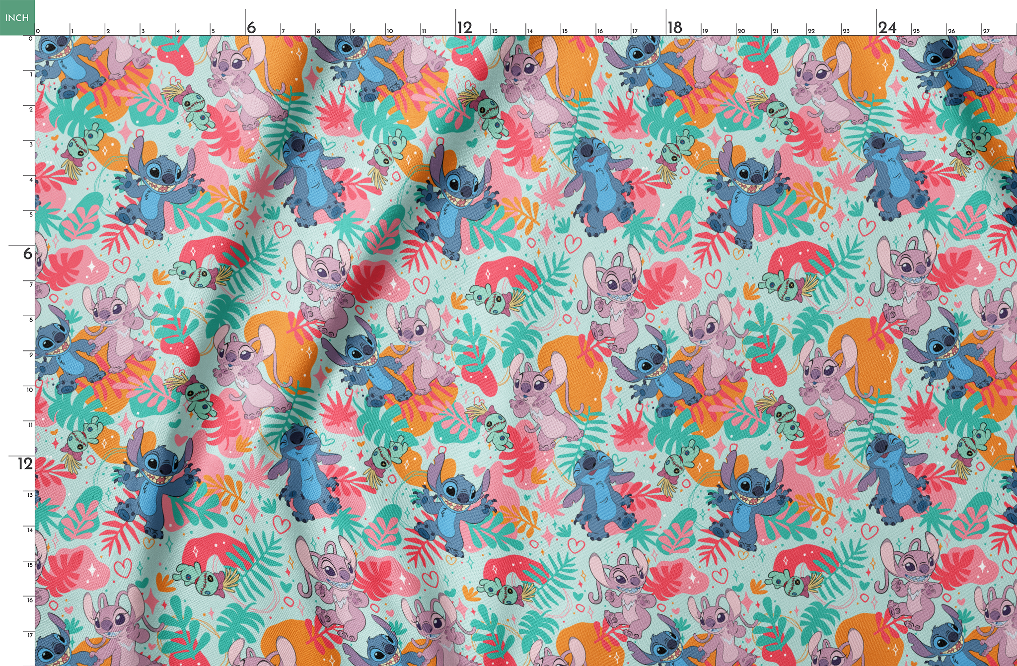 Colorful Stitch pattern with characters from Lilo & Stitch amid tropical leaves on turquoise background springs fatquarter mockup