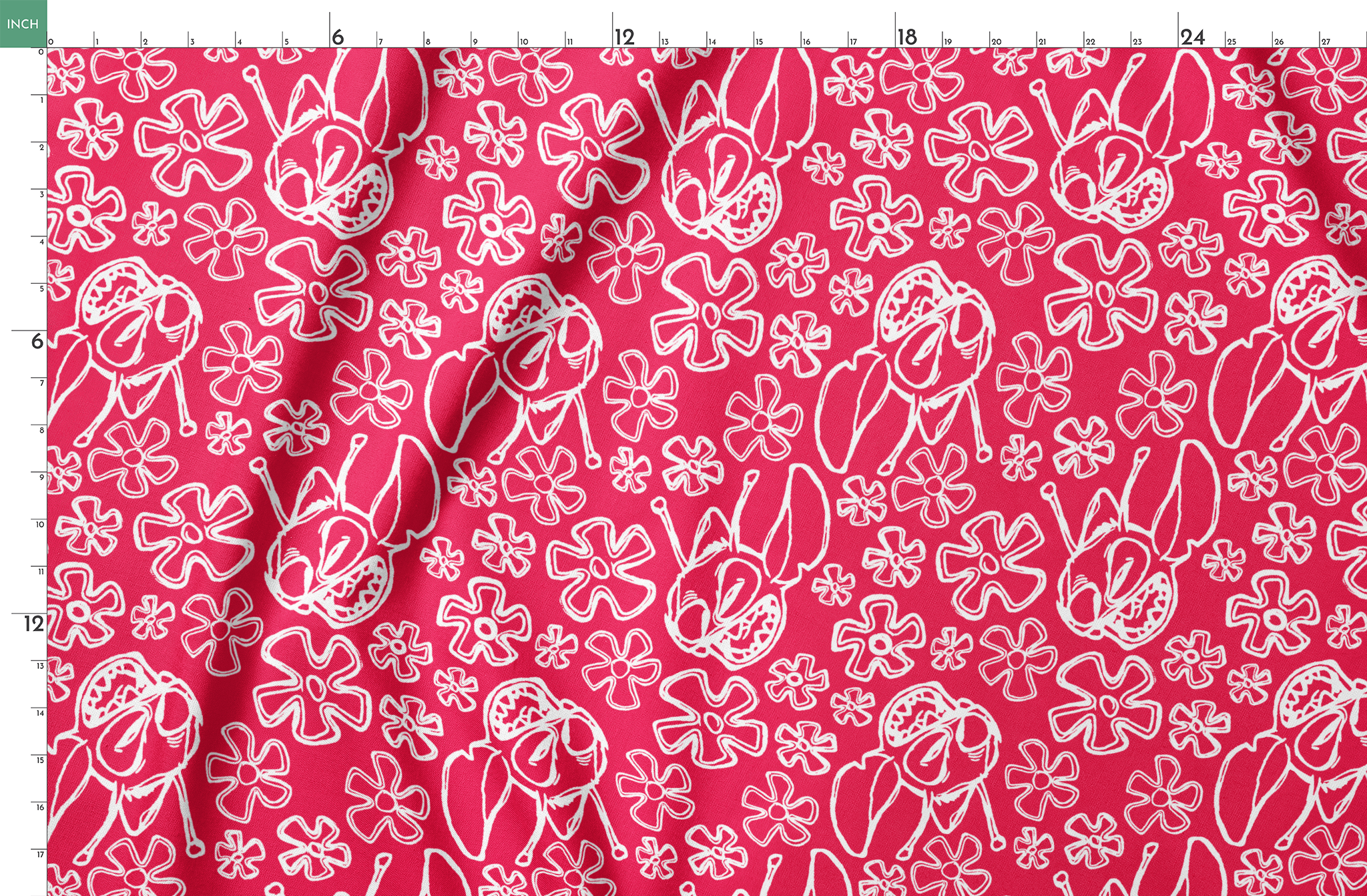 White flower doodles and Disney's Stitch on bright red background, hand-drawn style pattern springs fatquarter mockup