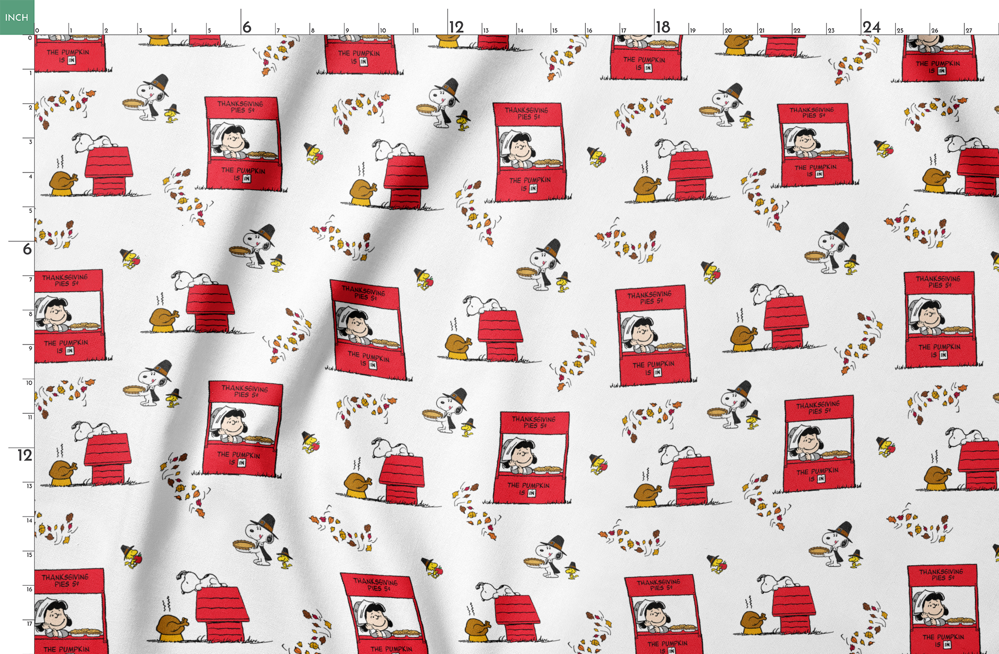 Peanuts Thanksgiving pattern with Snoopy, red booths, doghouses, and falling autumn leaves on white background springs fatquarter mockup