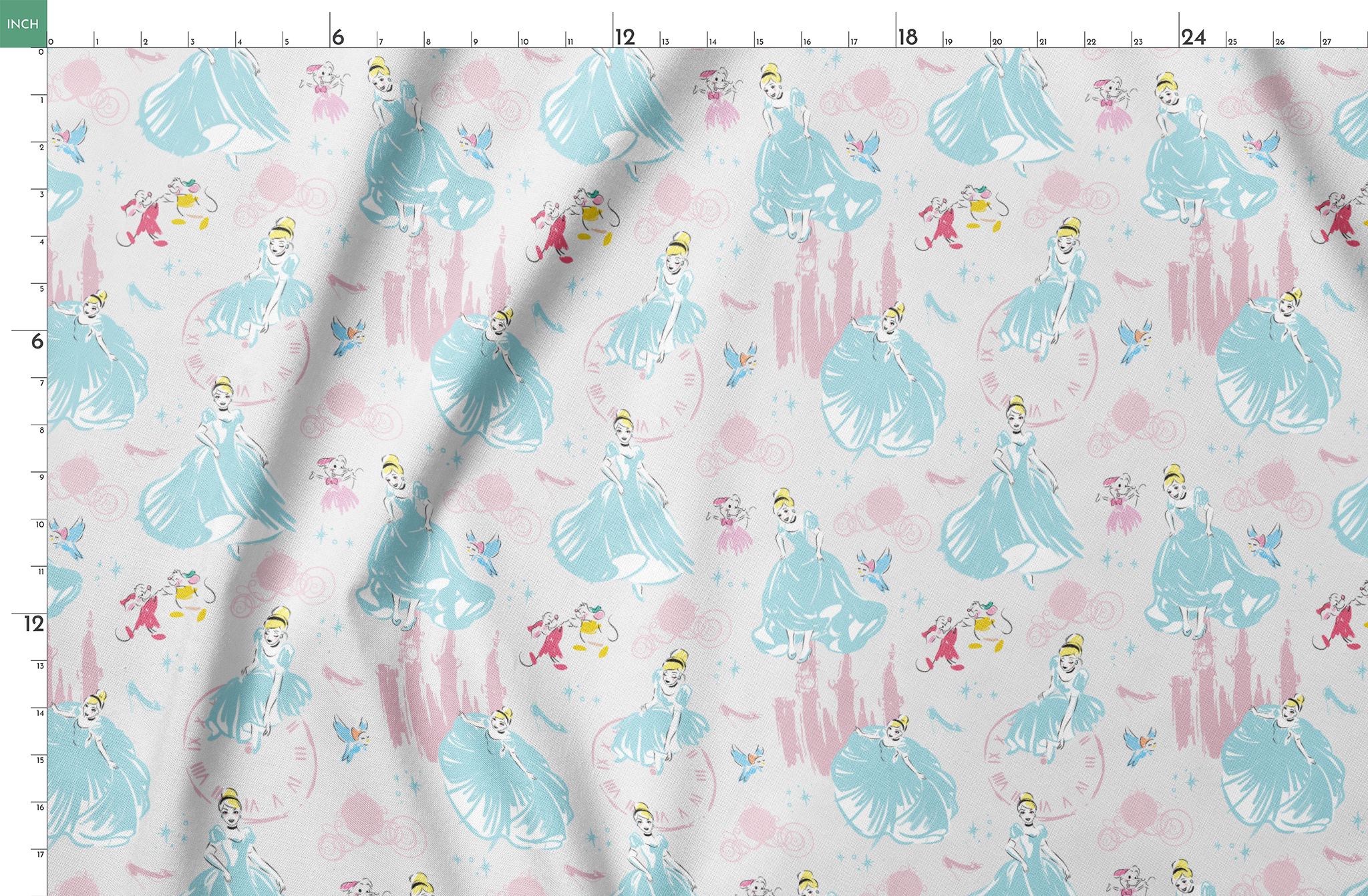 Dreamy Cinderella pattern with blue gowns, castle silhouettes, glass slippers, and blue birds on pale background springs fatquarter mockup