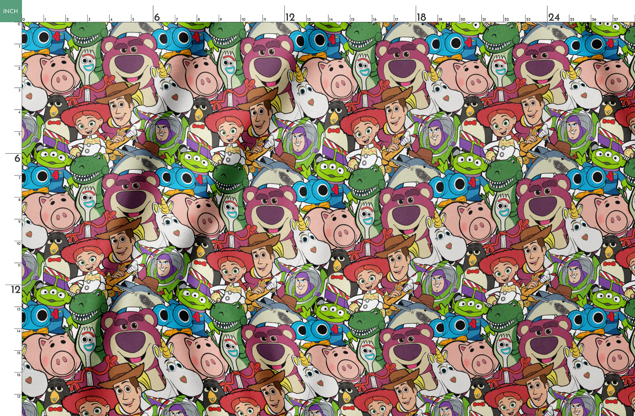 Colorful collage of Pixar and Disney animated characters including Toy Story, Monsters Inc, and other iconic cartoon figures springs fatquarter mockup