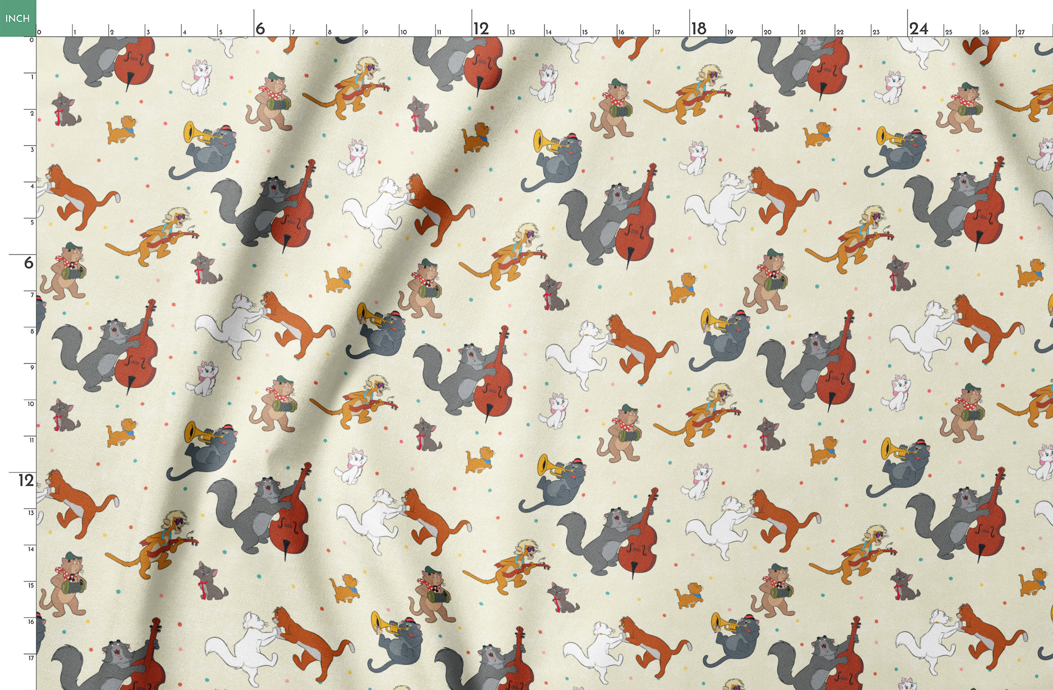 Musical cats and dogs pattern with animals playing instruments on cream background springs fatquarter mockup