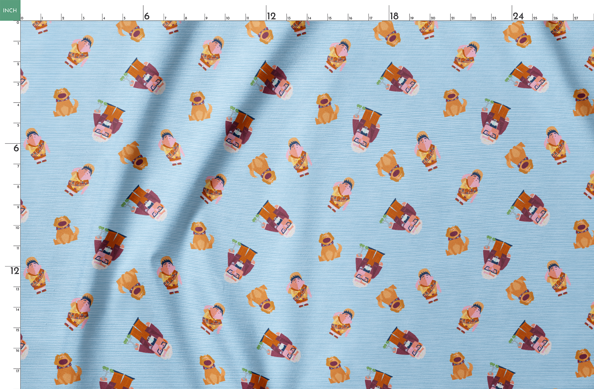 Cartoon characters from Up movie pattern on light blue striped background, featuring colorful illustrations springs fatquarter mockup