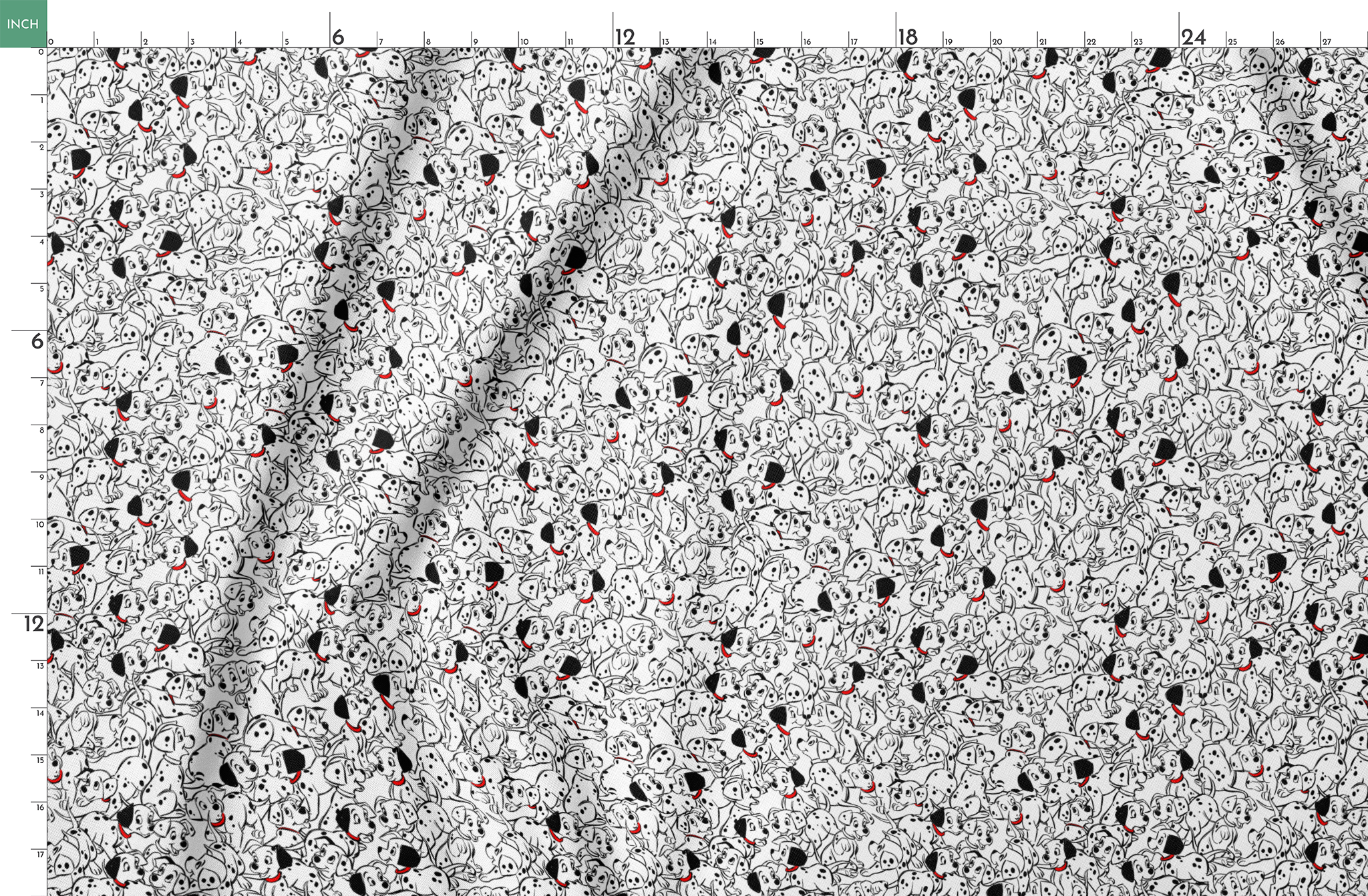 A densely packed pattern of Dalmatian puppies with black spots and red collars, creating a whimsical black and white illustration. springs fatquarter mockup