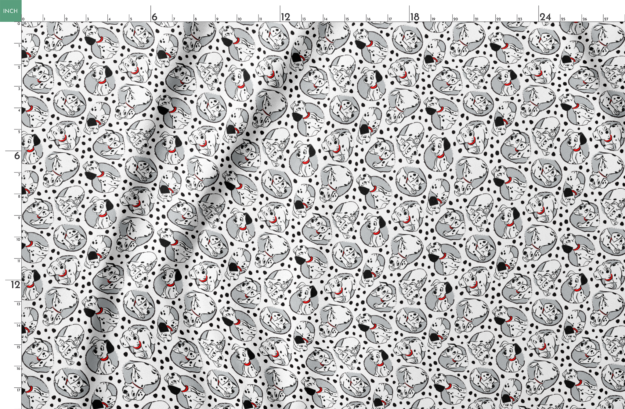 Cartoon pattern of Dalmatian puppies with black spots and red collars on white background springs fatquarter mockup