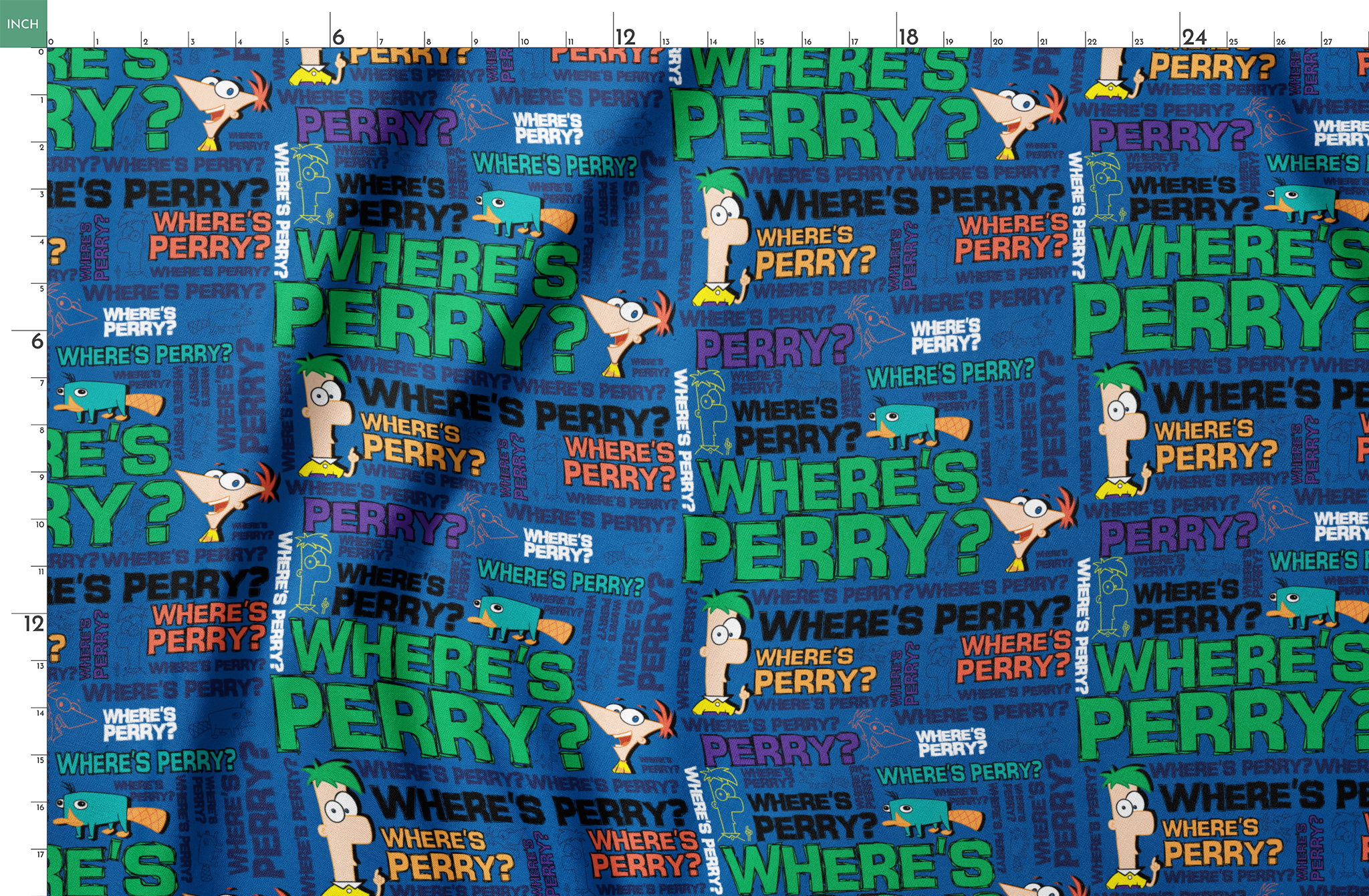 Phineas & Ferb pattern with "WHERE'S PERRY?" text repeated in various colors on blue background springs fatquarter mockup