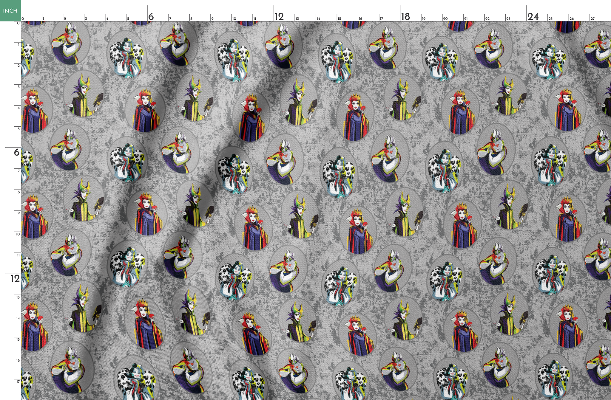 Disney villain characters in oval portraits on gray marbled background, including Ursula, Maleficent, Cruella, and Evil Queen springs fatquarter mockup