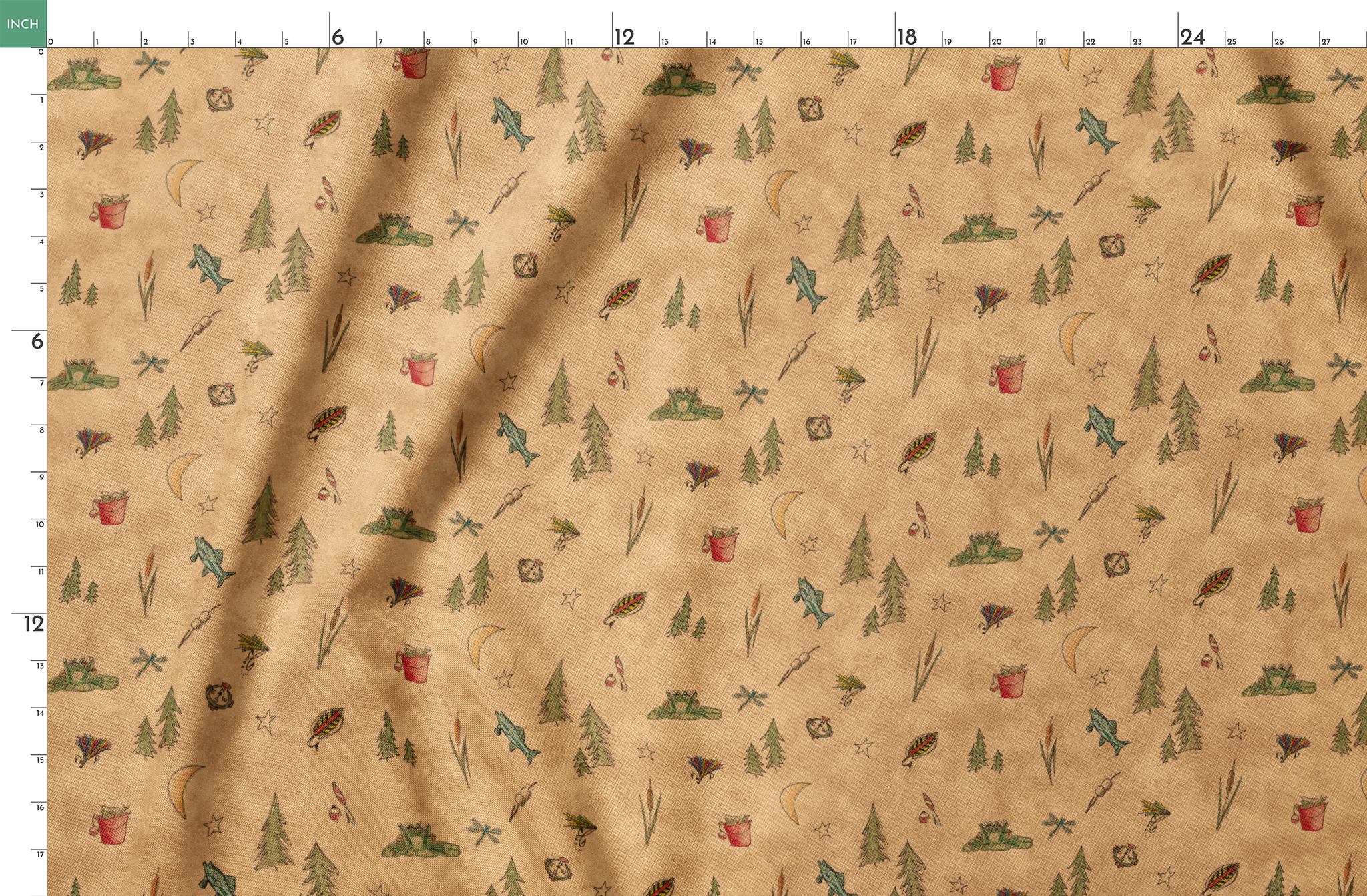 Outdoor camping pattern with tents, trees, lanterns, and nature elements on beige background springs fatquarter mockup