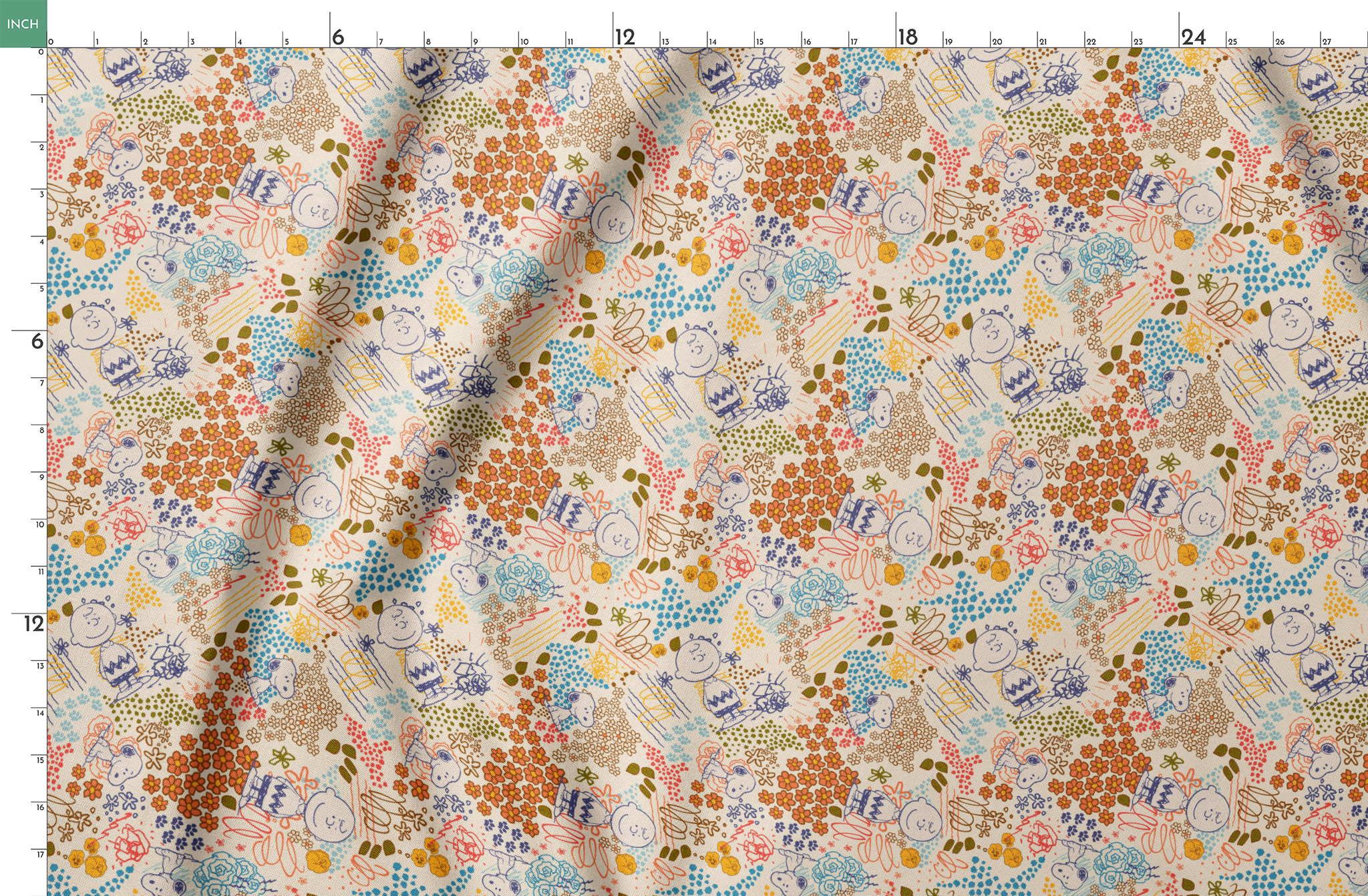 Colorful pattern with Peanuts characters sketches, floral designs, and dots in orange, blue, yellow, and green on a cream background springs fatquarter mockup