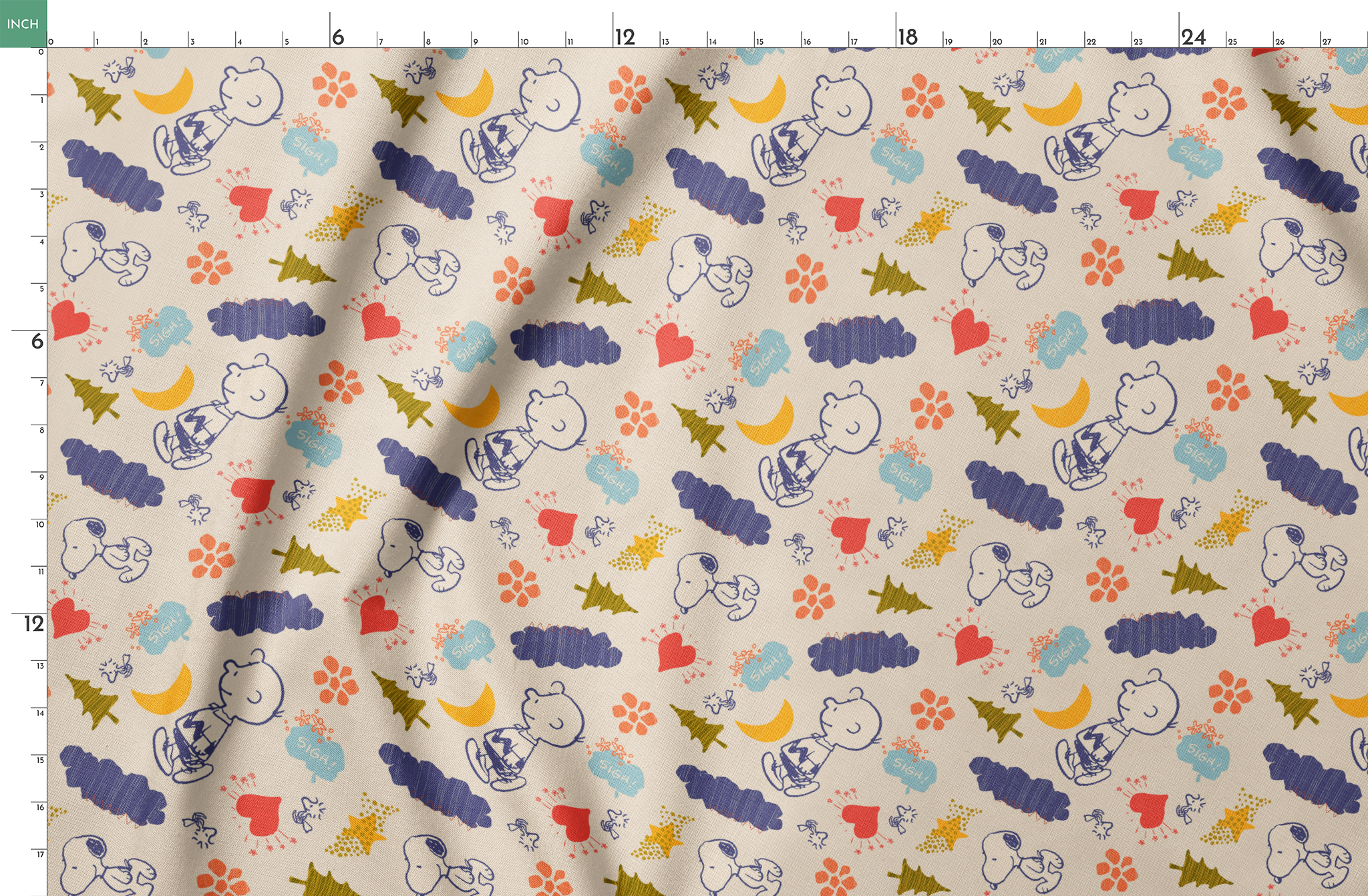 Whimsical Peanuts pattern with trees, clouds, moon, and birds in blue, red, green, and yellow on cream background. springs fatquarter mockup
