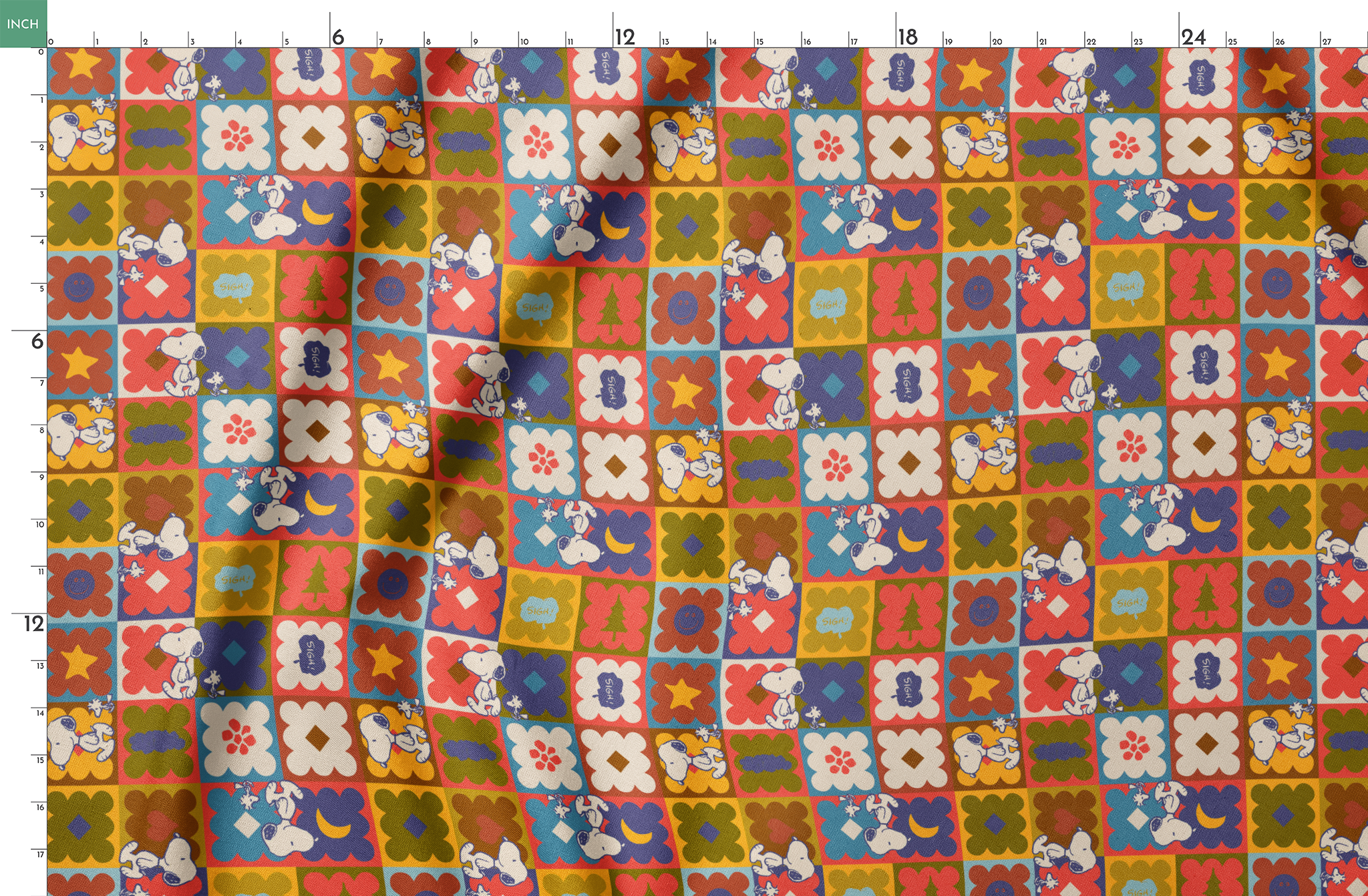 Colorful patchwork pattern featuring Snoopy characters in various squares with flowers, geometric shapes, and decorative elements springs fatquarter mockup