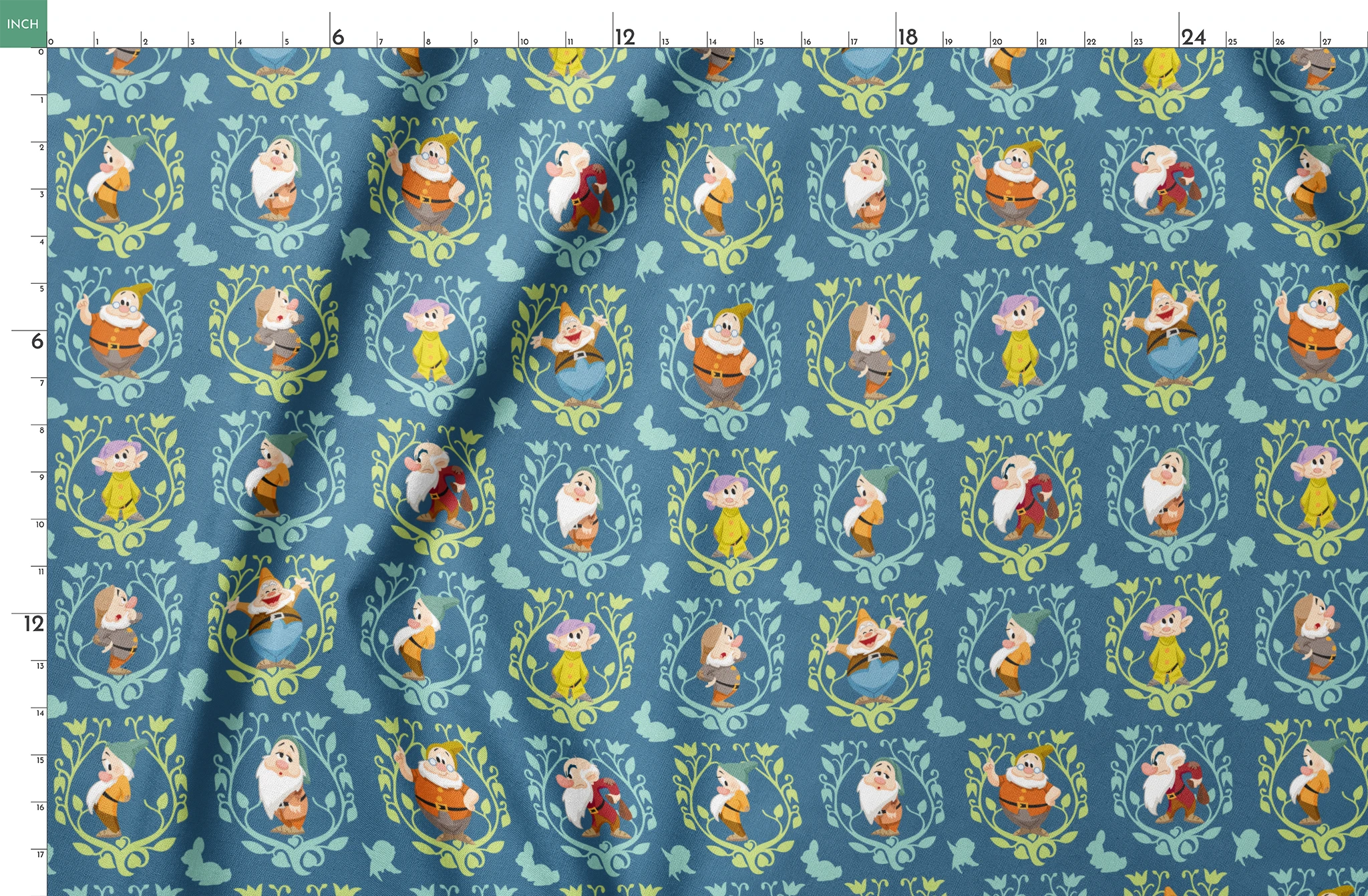 Pattern of cartoon birds in decorative oval frames on blue background with leaf motifs springs fatquarter mockup