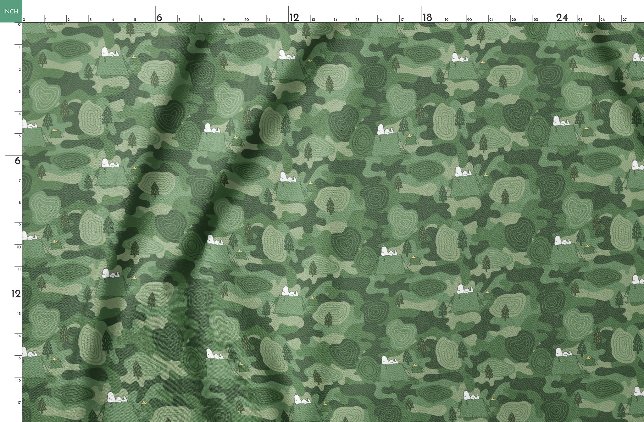 Snoopy camping scene with tents and trees on a green camouflage pattern background springs fatquarter mockup