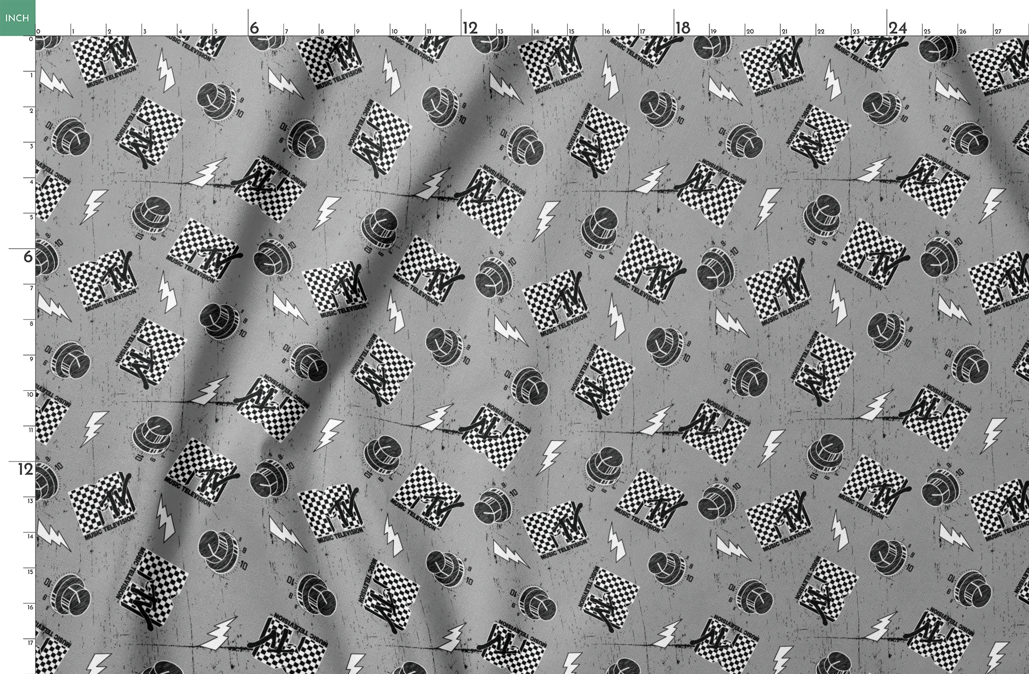 Motorsport pattern with checkered racing flags, lightning bolts, and helmets on gray background springs fatquarter mockup