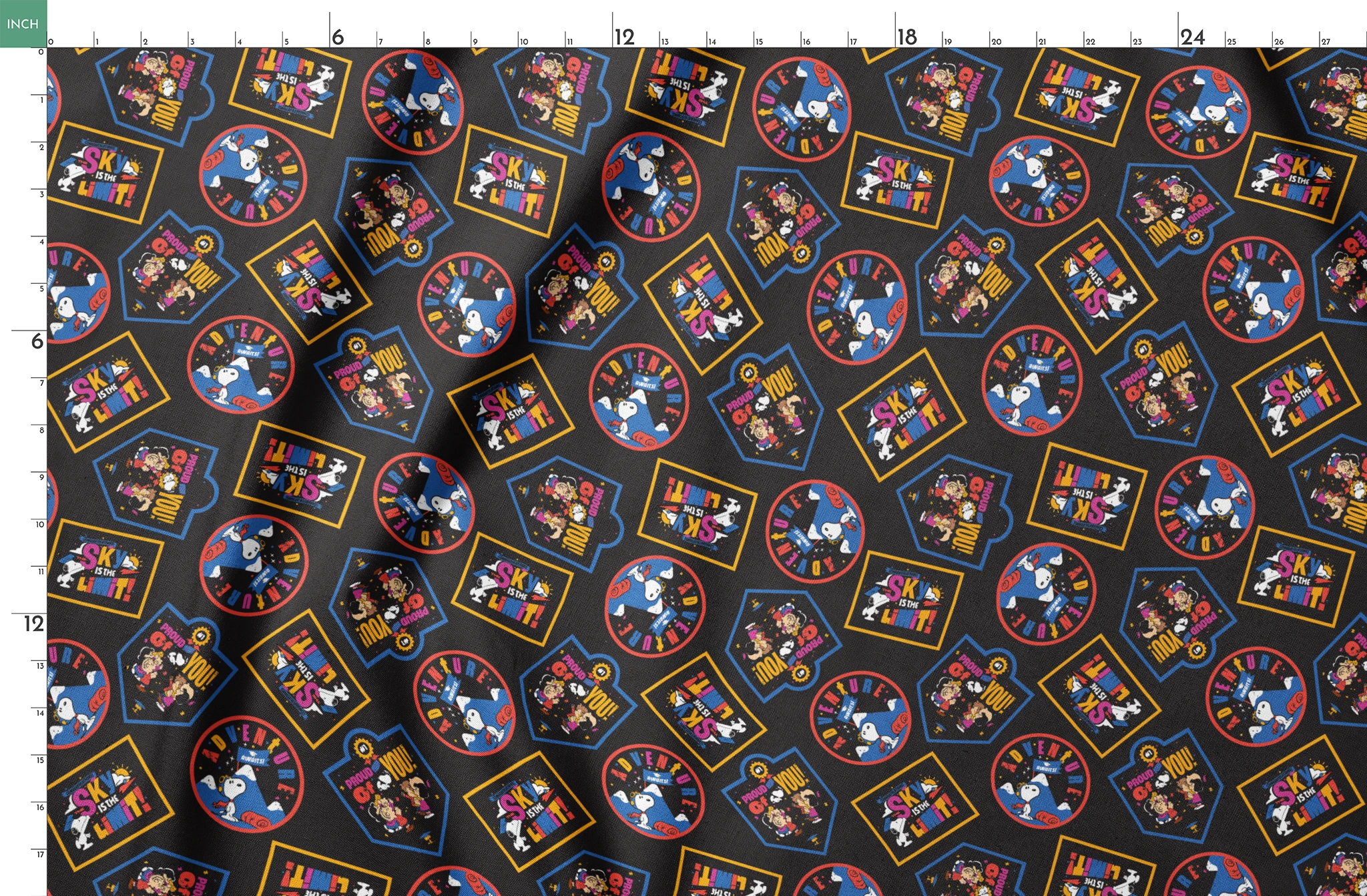 Colorful Peanuts character patches in various shapes on black background, featuring animated figures in vibrant colors springs fatquarter mockup