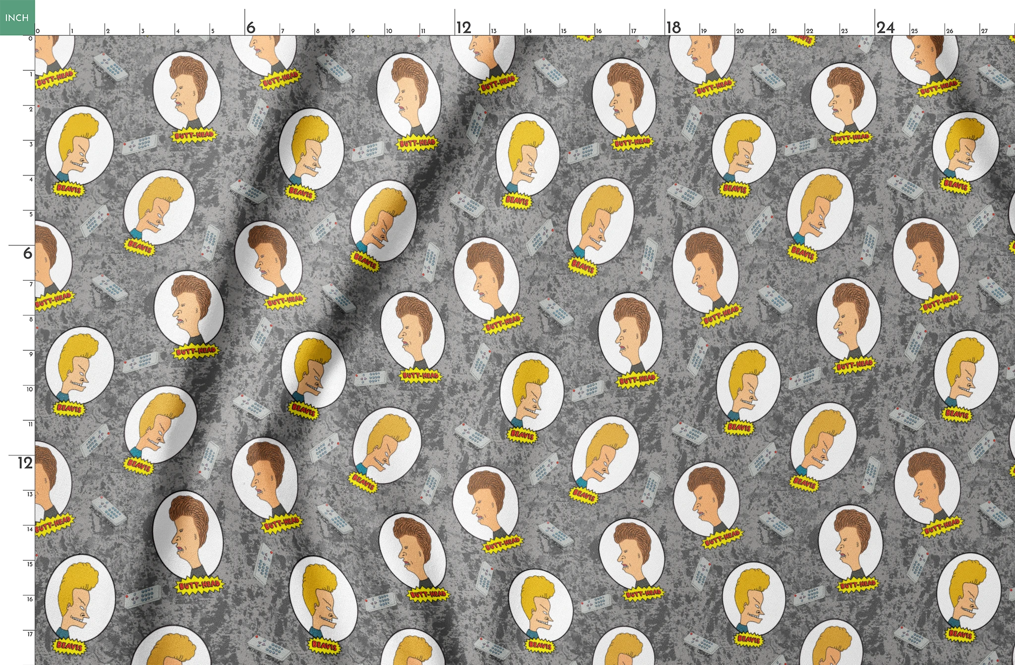 Cartoon pattern with blond and brown-haired animated characters in circular frames against a gray background with comic-style text bubbles. springs fatquarter mockup