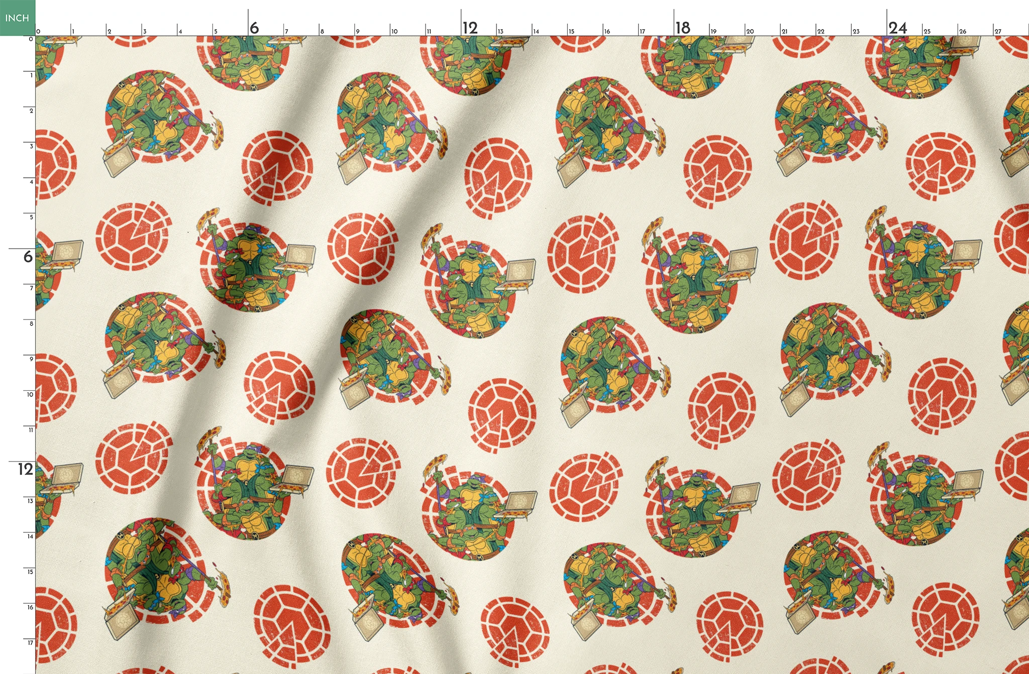 TMNT characters in circular formations on cream background with red shell pattern springs fatquarter mockup