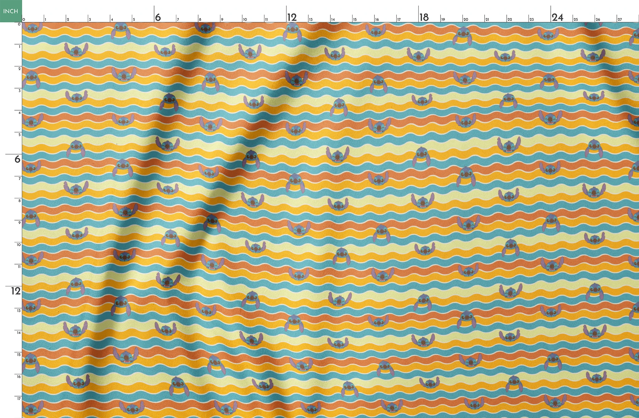 Colorful wavy striped pattern with Stitch peeking between orange, yellow, and teal waves springs fatquarter mockup
