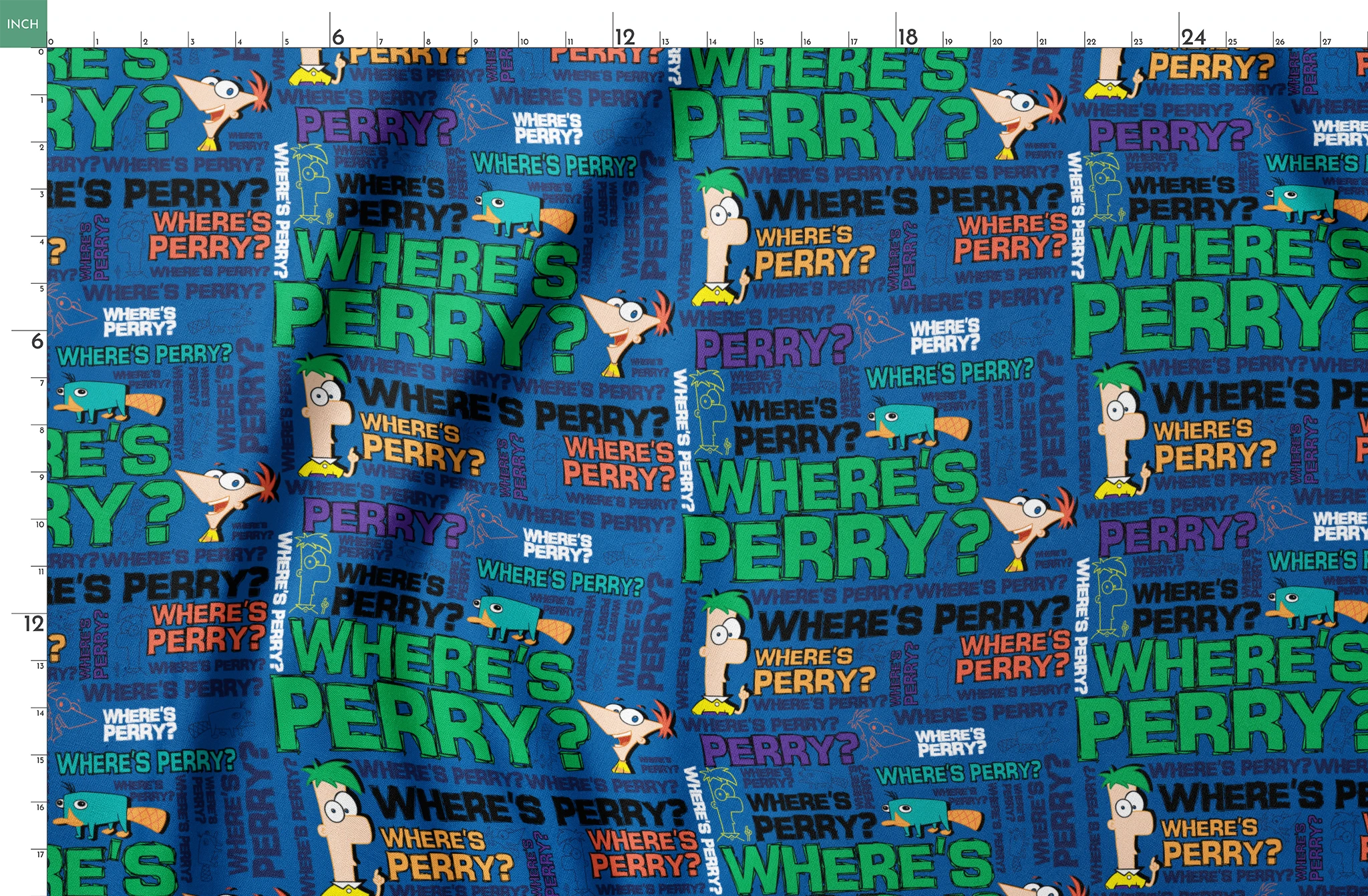 Phineas & Ferb pattern with "WHERE'S PERRY?" text repeated in various colors on blue background springs fatquarter mockup