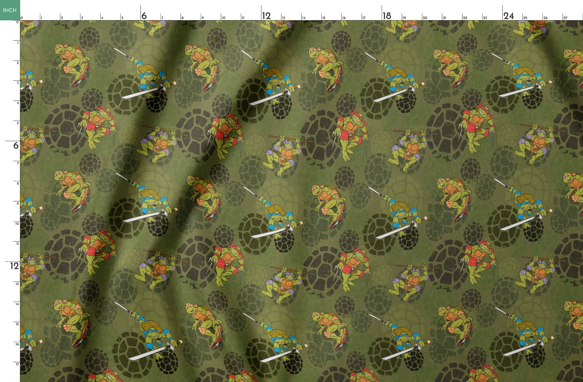 Teenage Mutant Ninja Turtles characters in action poses on green background with turtle shell patterns springs fatquarter mockup