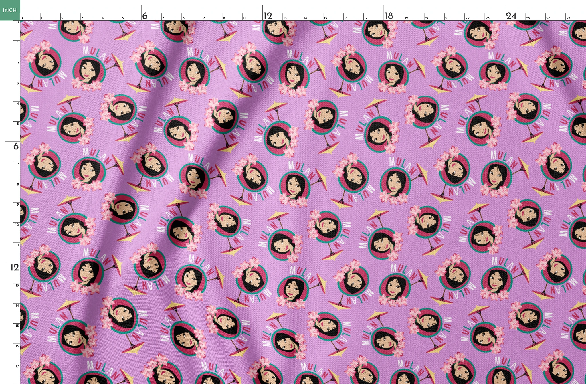 Animated character portrait pattern on purple background with pink flowers and yellow parasols springs fatquarter mockup