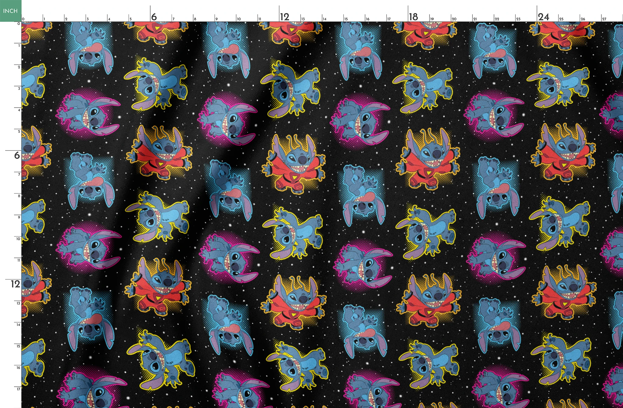 Colorful Stitch with pink accents on black starry background pattern springs fatquarter mockup