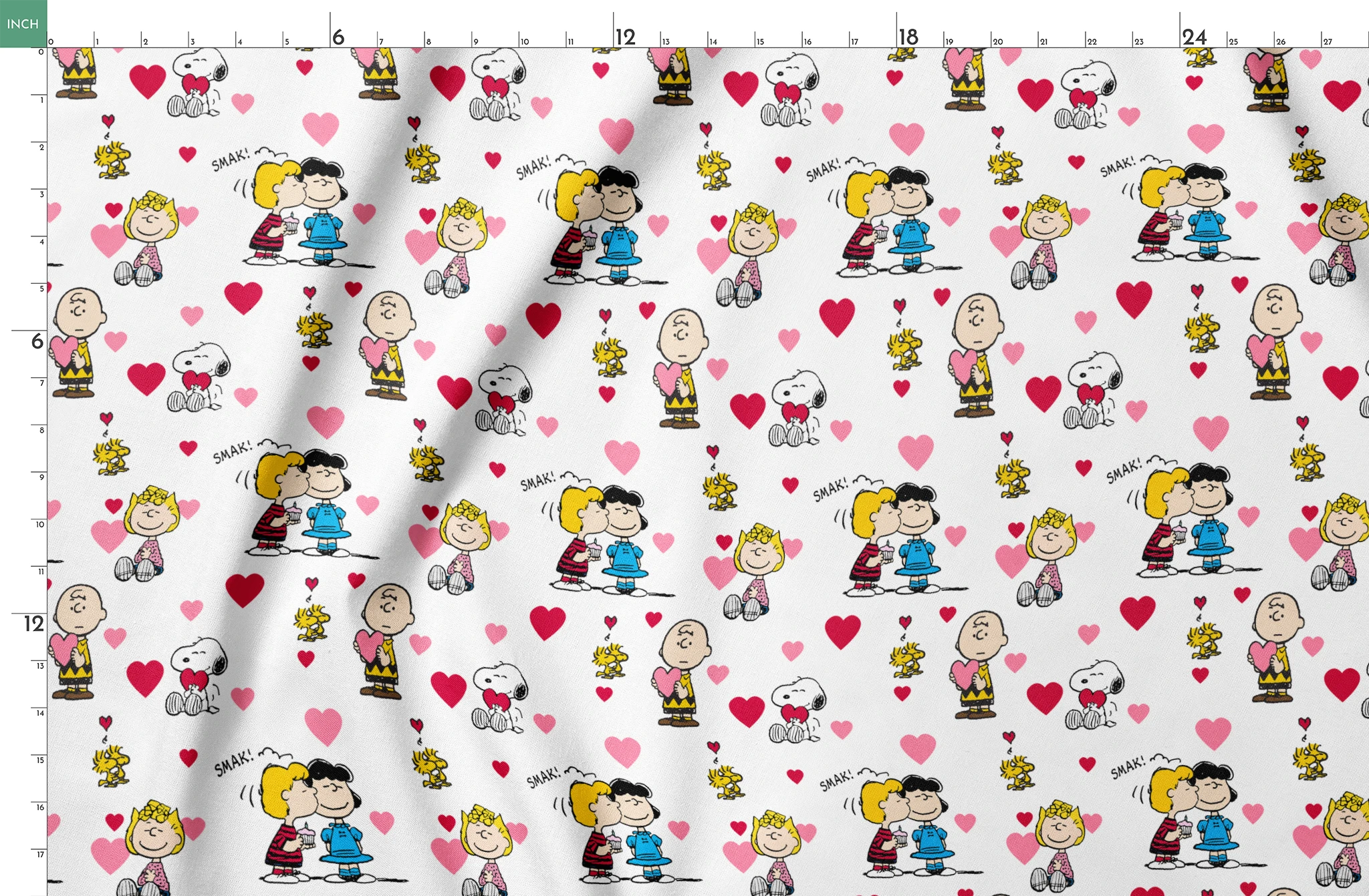 Peanuts cartoon characters with heart motifs, featuring Snoopy, Woodstock, and others in a Valentine's theme springs fatquarter mockup