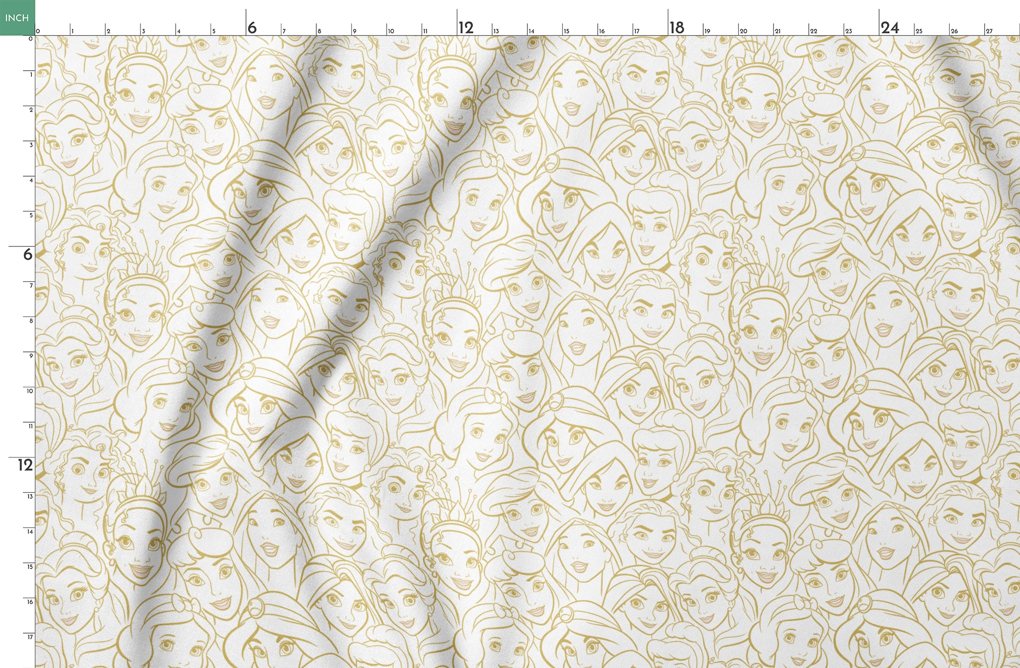 Golden line art of Disney princesses in an overlapping collage pattern with expressive facial features. springs fatquarter mockup