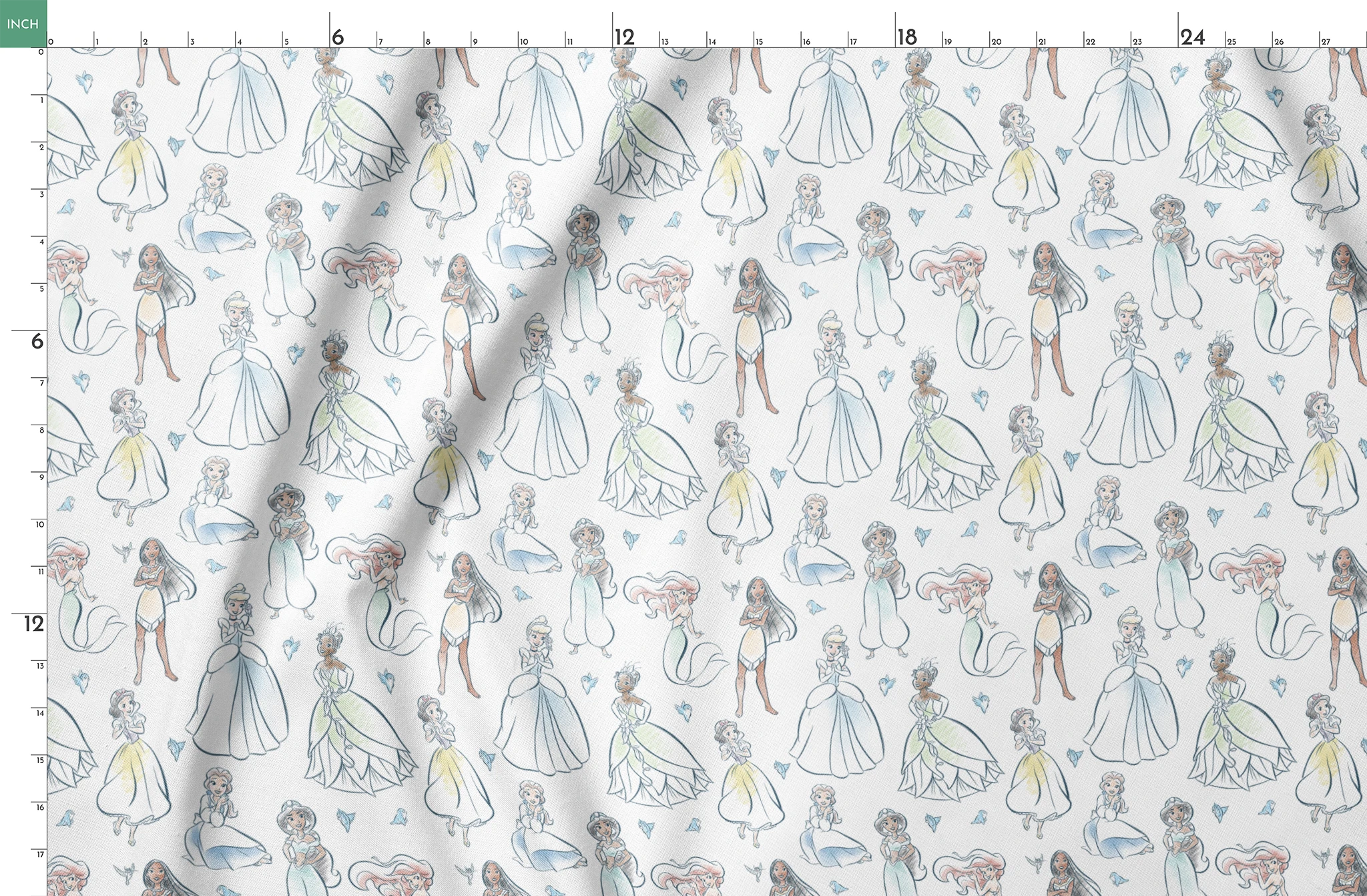 Illustrated pattern of Disney princesses in elegant dresses with sparkles on light background springs fatquarter mockup