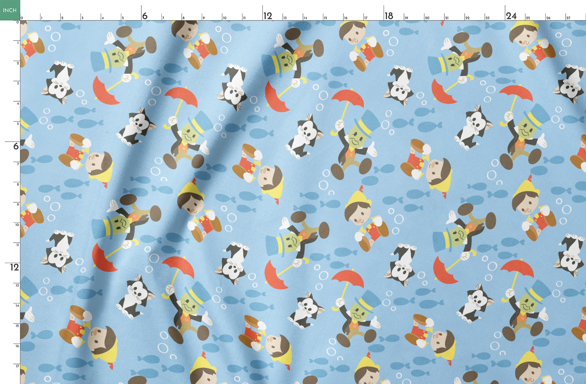 Cartoon animals swimming underwater with fish, bubbles, and snorkeling gear on blue background springs fatquarter mockup